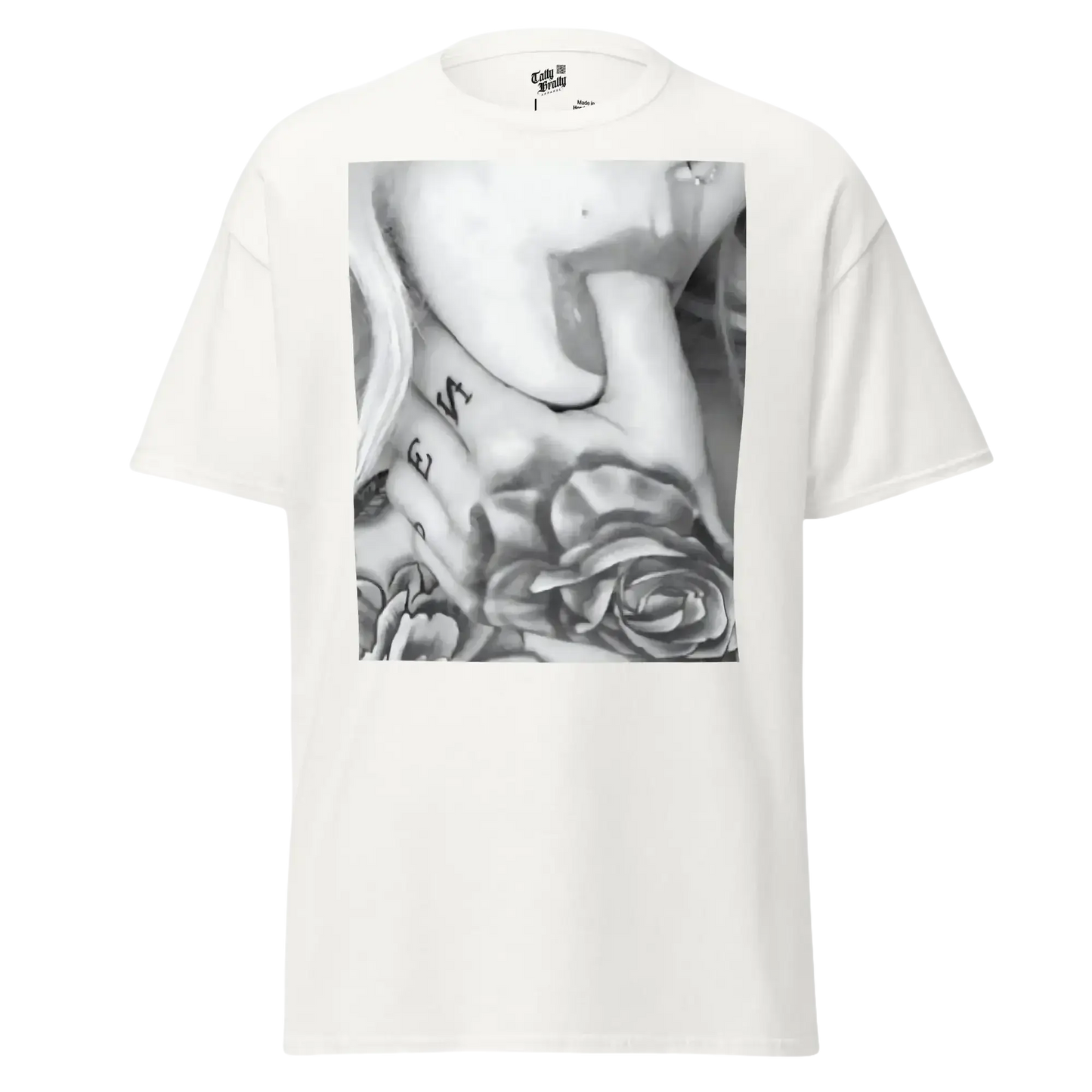 White t-shirt with a black and white tattoo graphic.