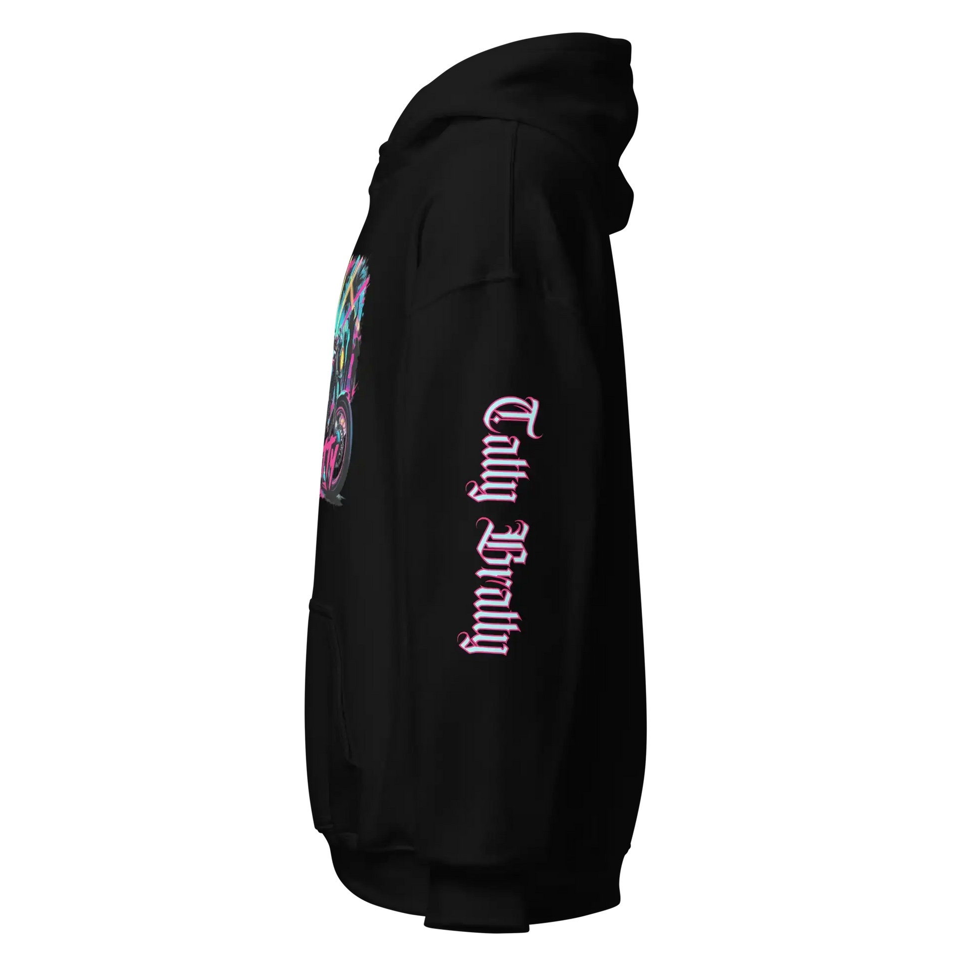 Black hoodie with colorful graphic.