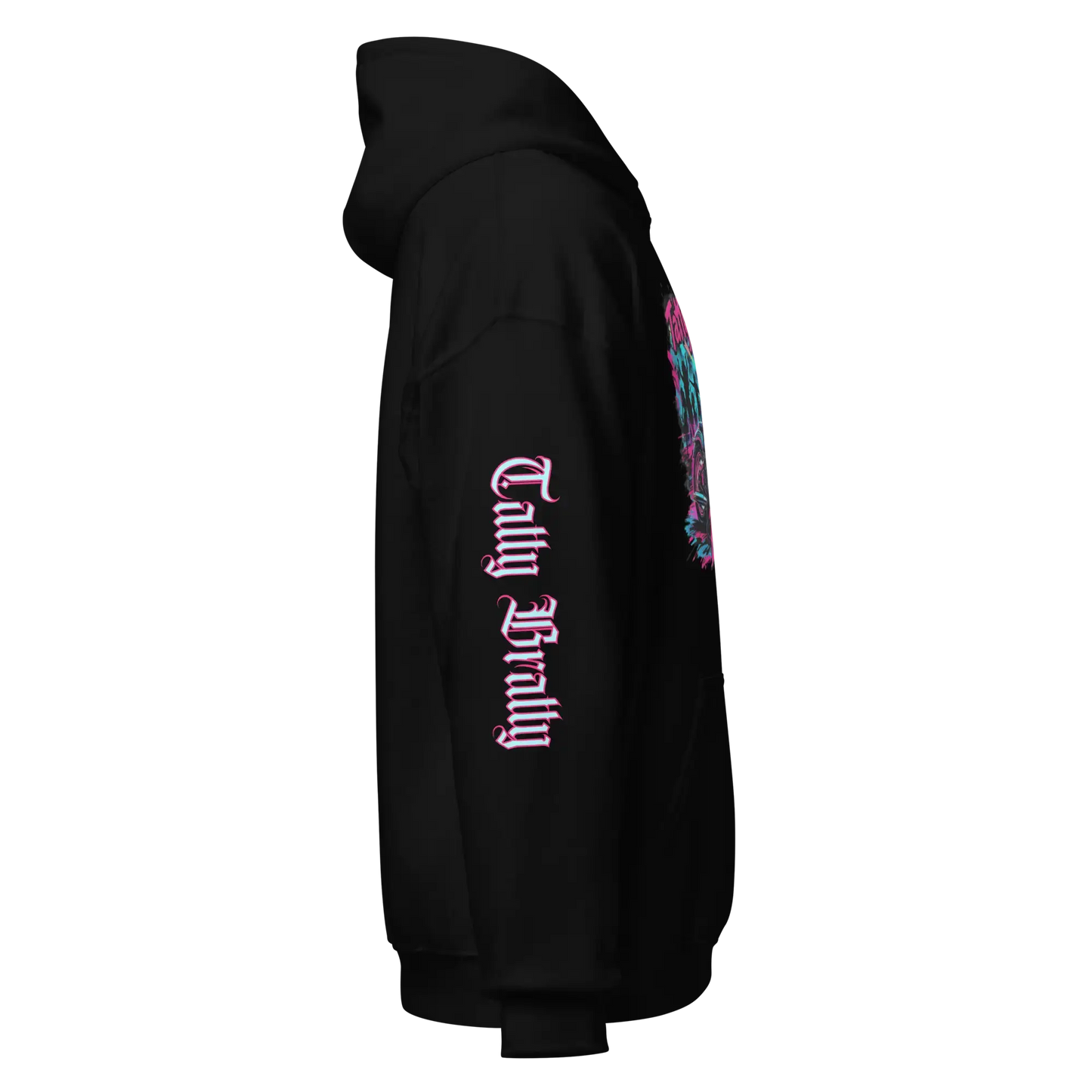 Black hoodie with sleeve text.