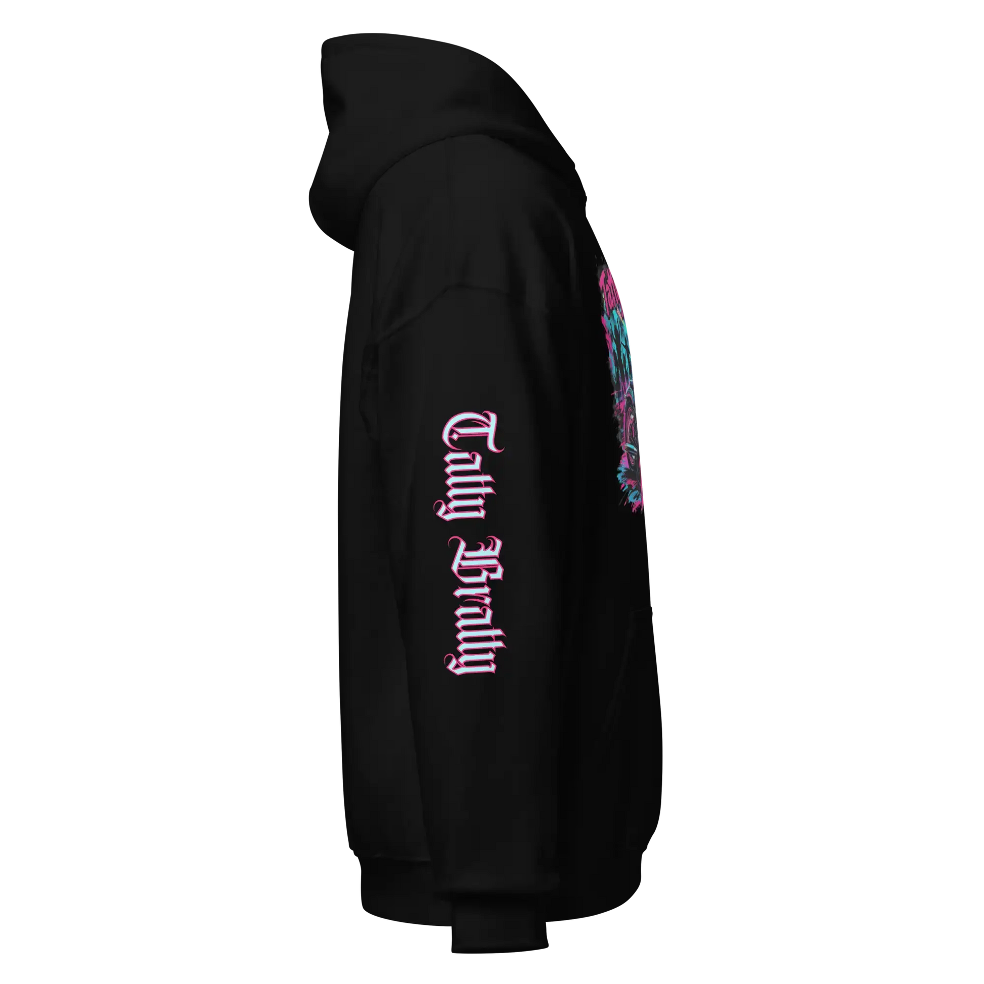 Black hoodie with sleeve text.