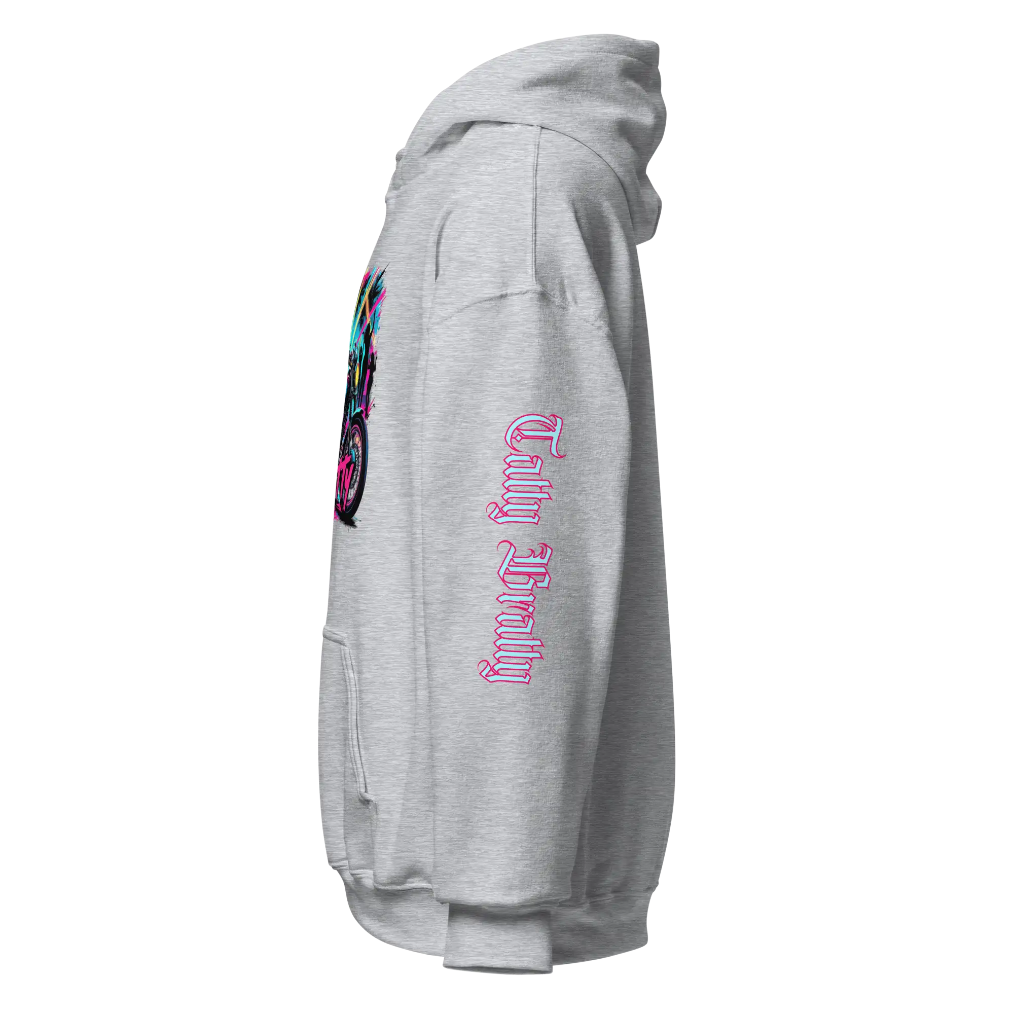 Gray hoodie with colorful graphic.