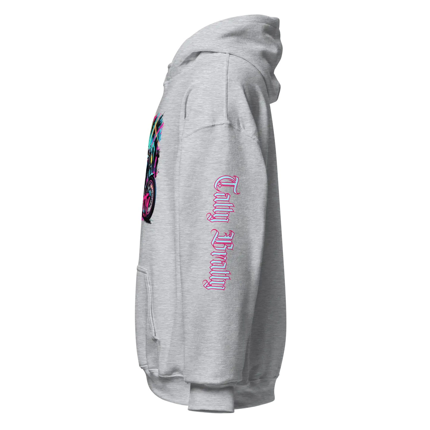 Gray hoodie with colorful graphic.
