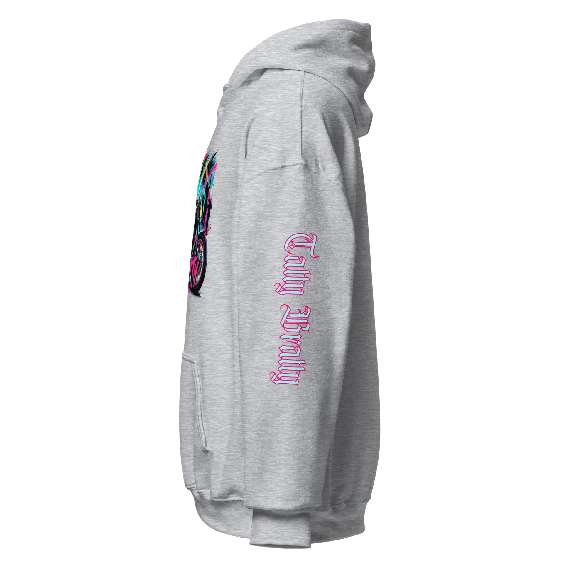 Gray hoodie with colorful graphic.