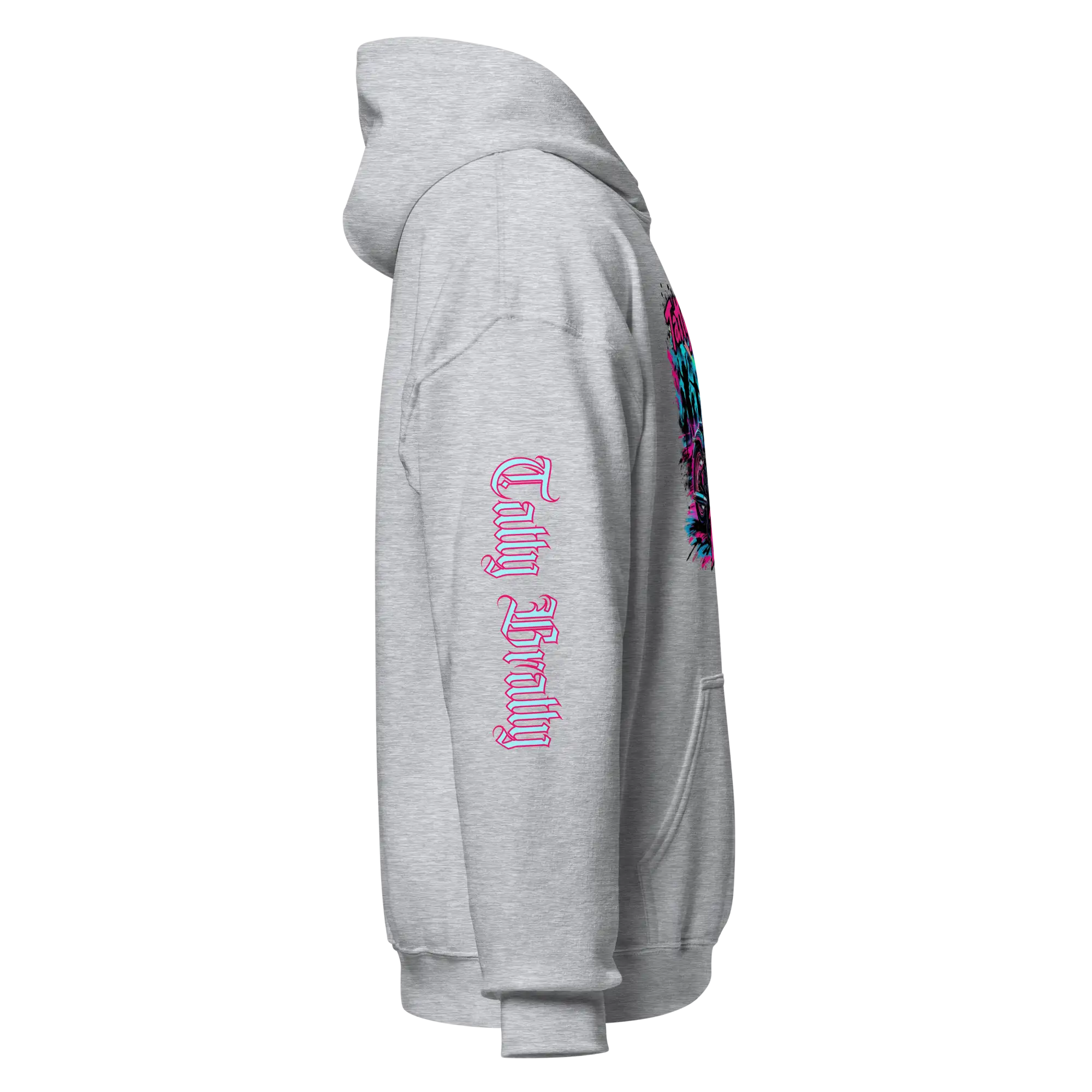Gray hoodie with sleeve design.