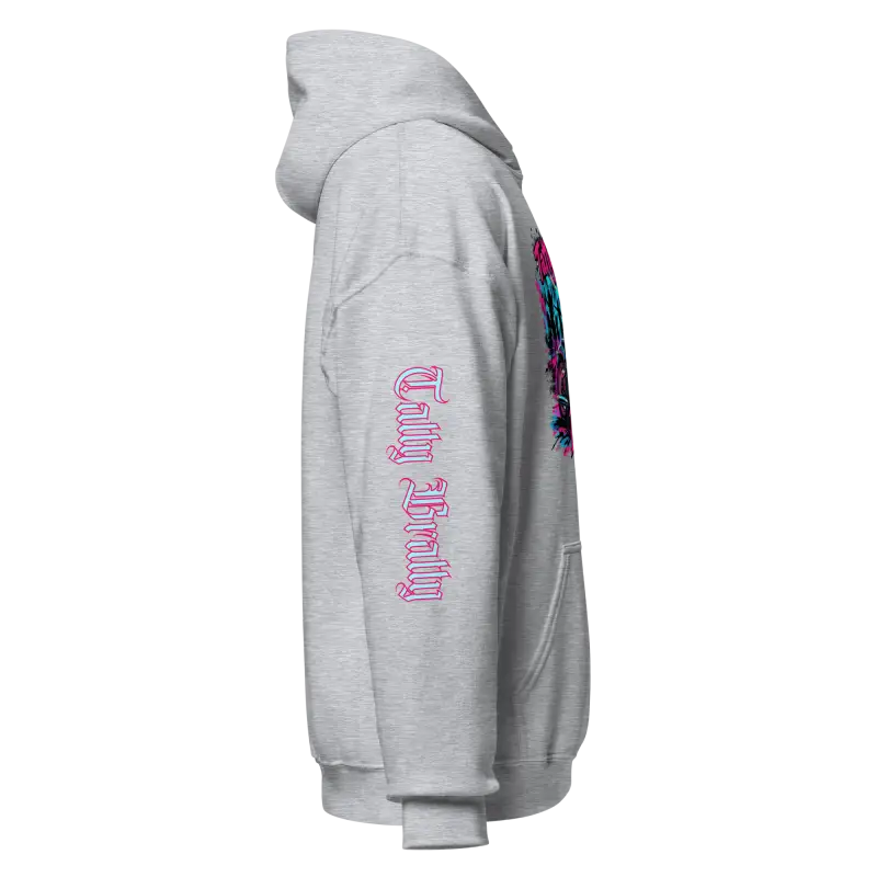 Gray hoodie with sleeve design.