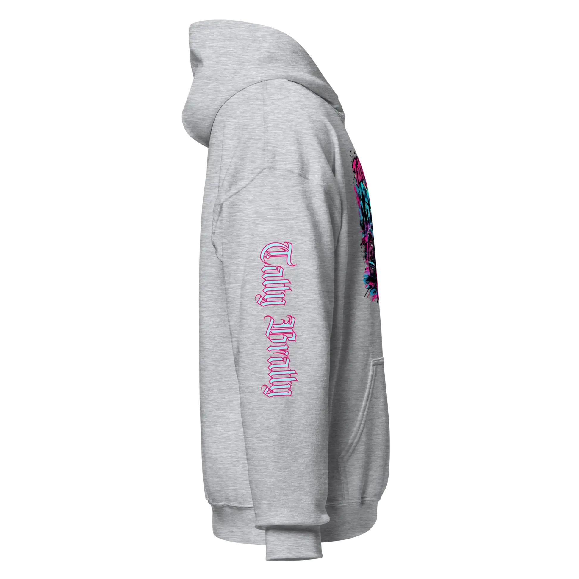 Gray hoodie with sleeve design.