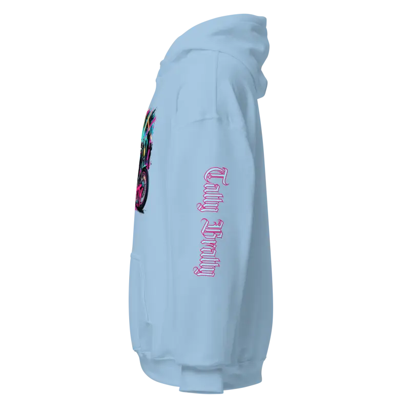 Light blue hoodie.