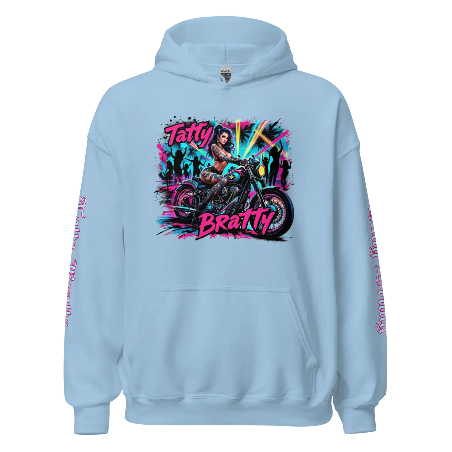 Light blue hoodie with a graphic design.