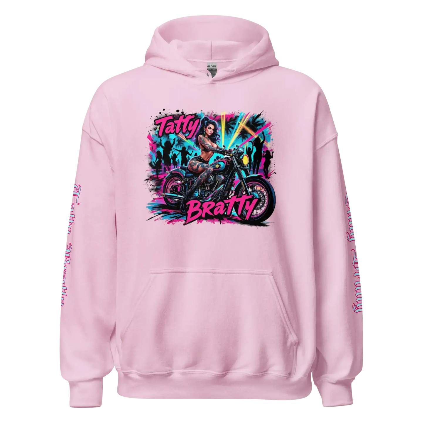 Pink hoodie with graphic.