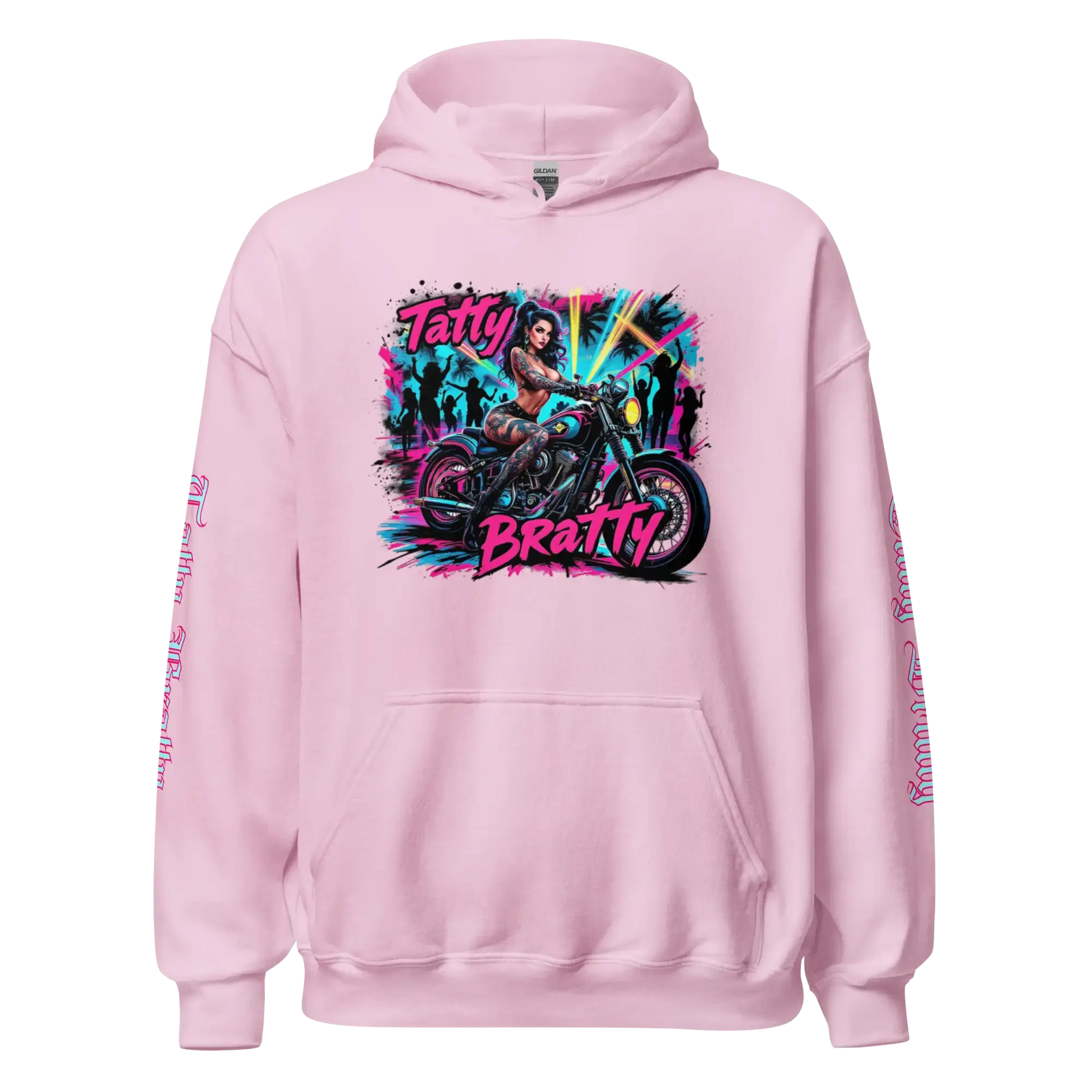 Pink hoodie with graphic.