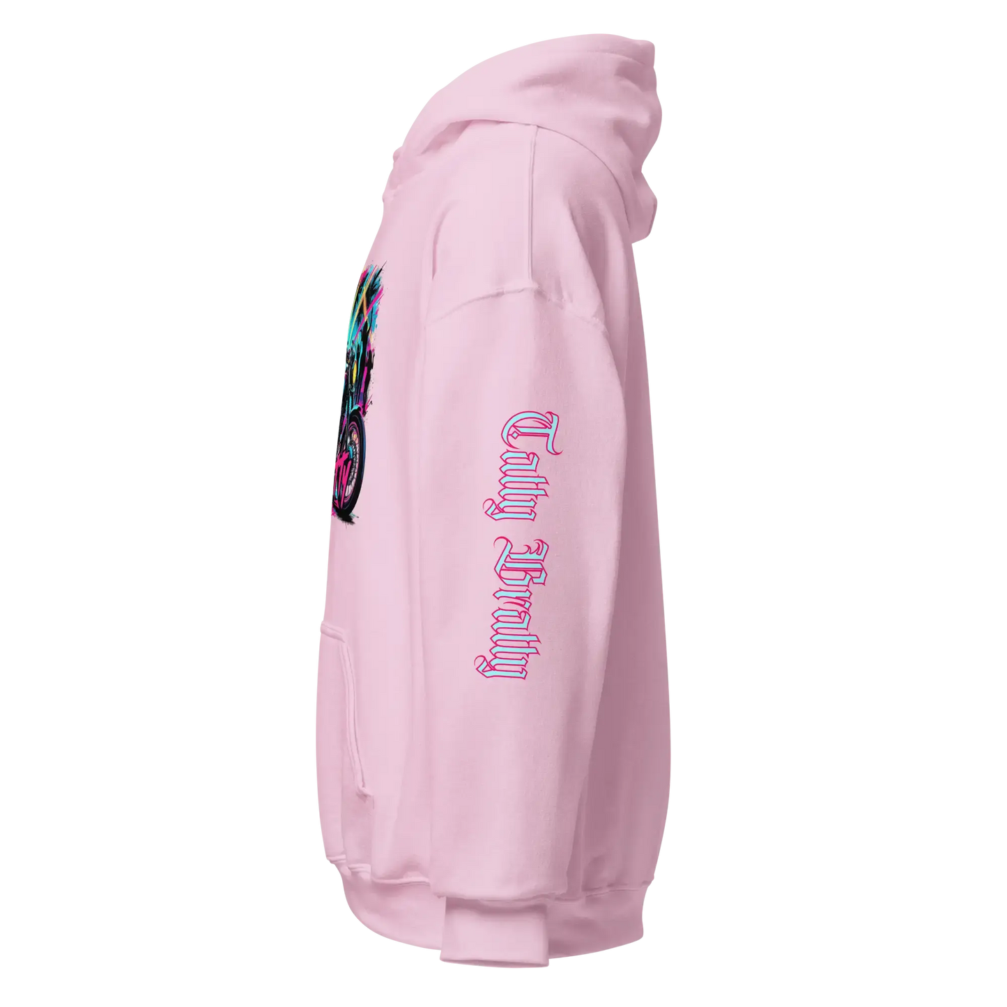 Pink hoodie with graphic.