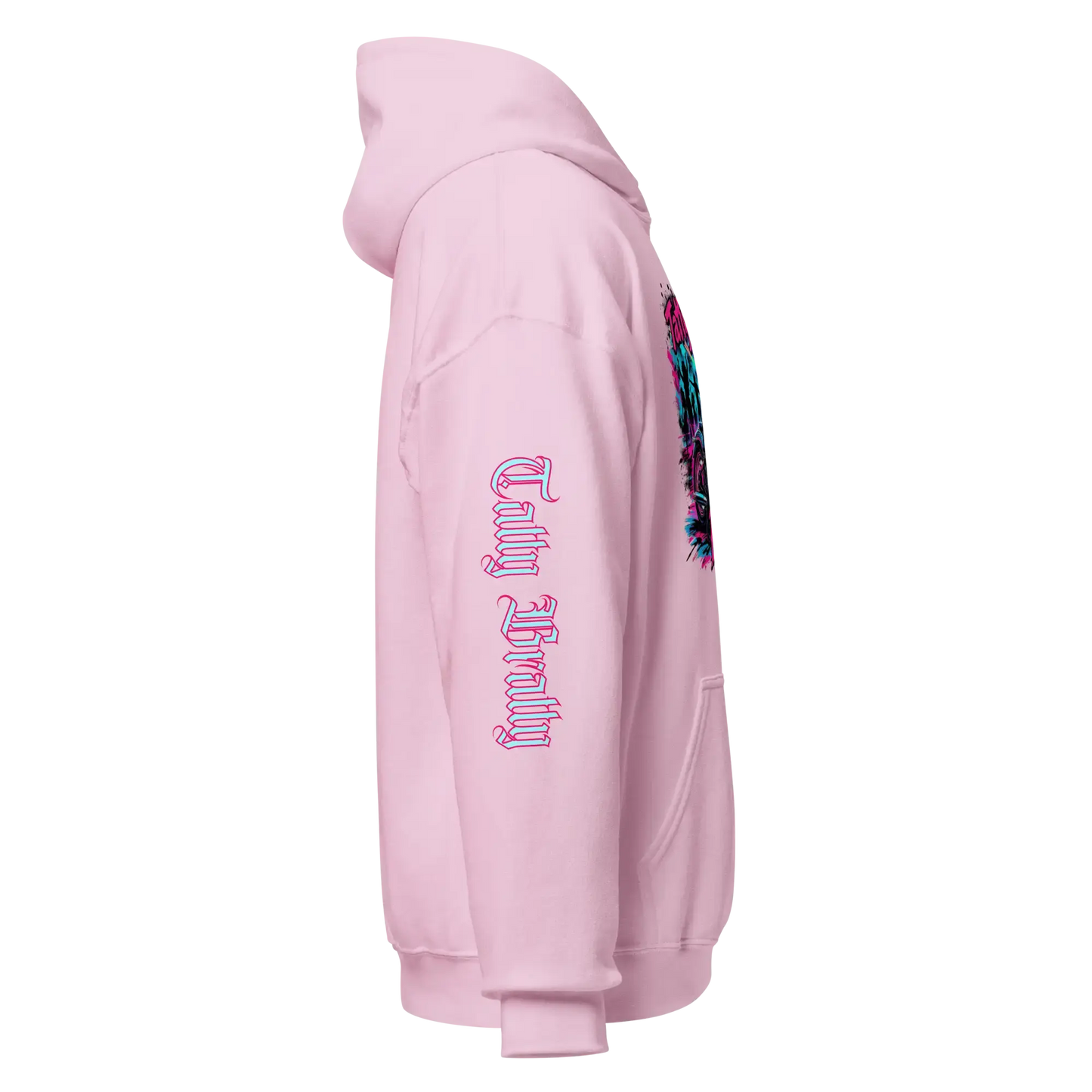 Pink hoodie with sleeve text.