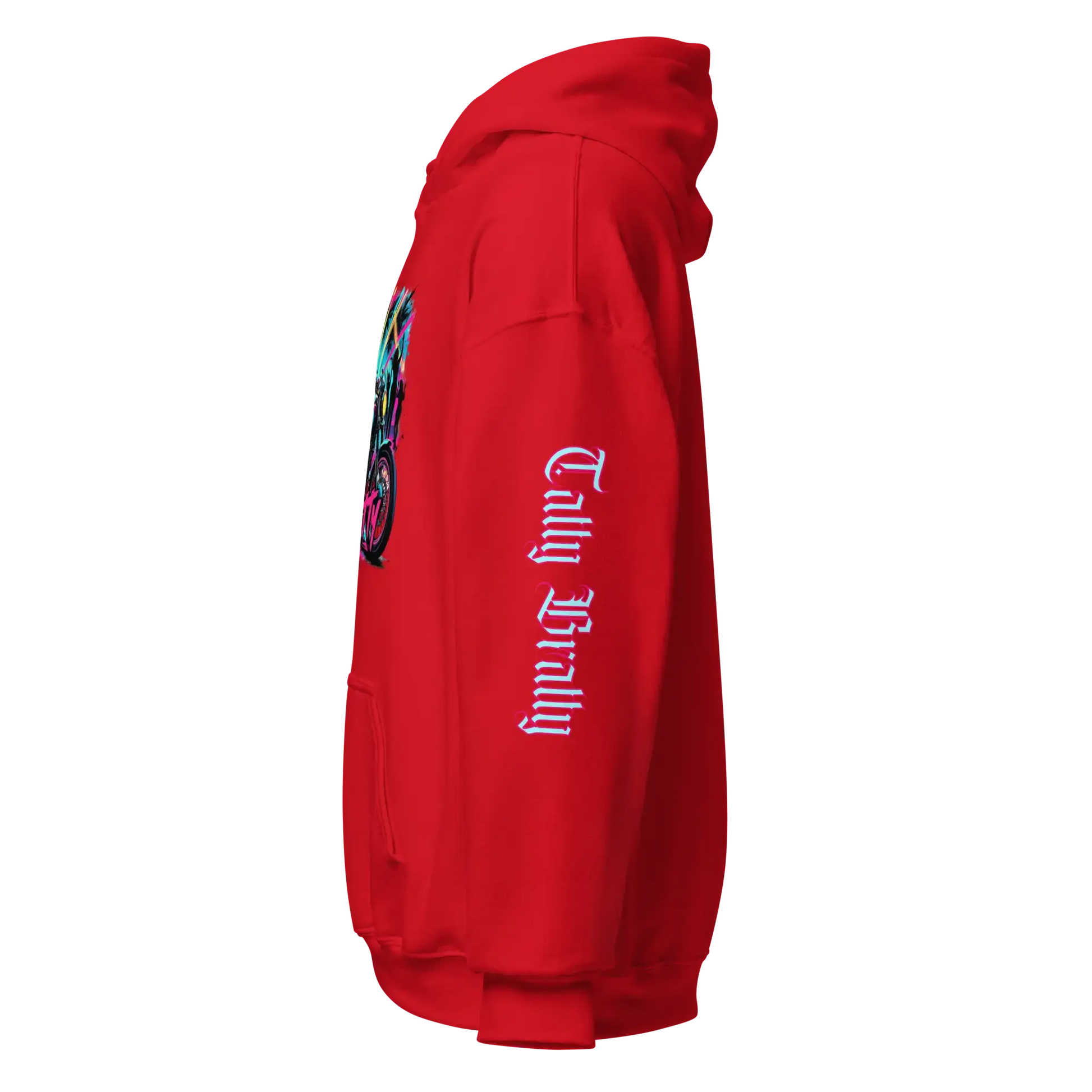 Red hoodie with graphic.