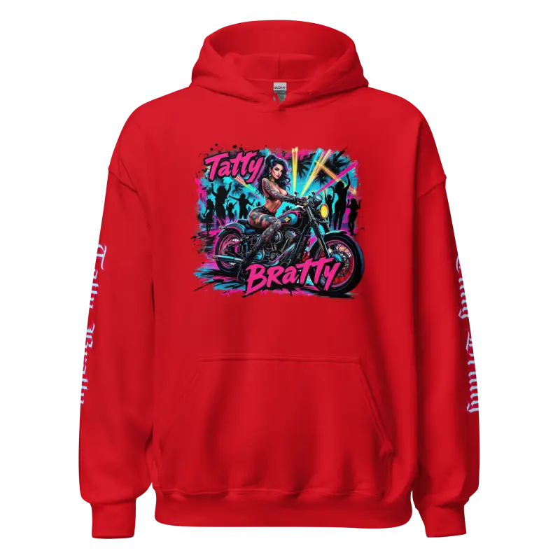 Red hoodie with graphic.