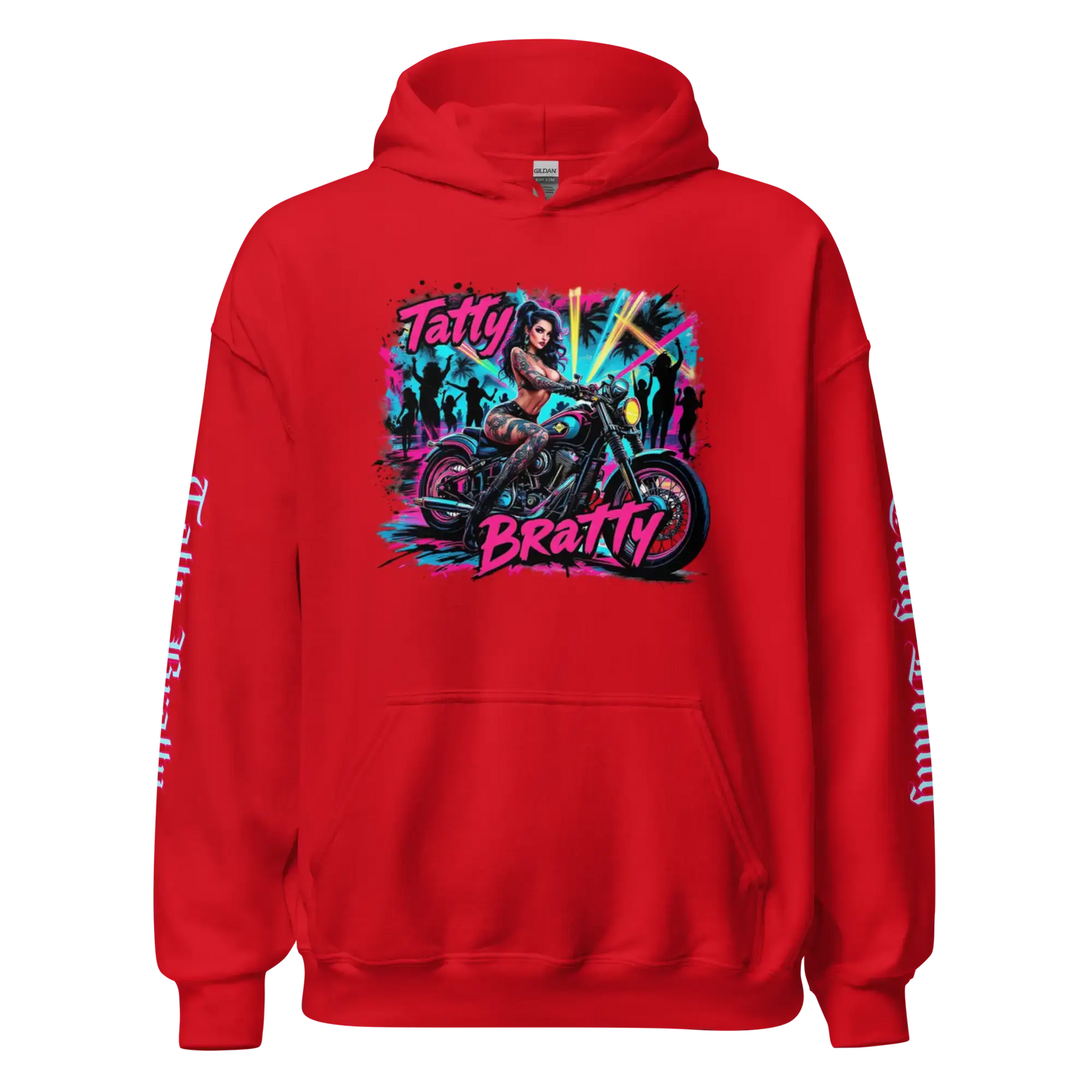 Red hoodie with graphic.