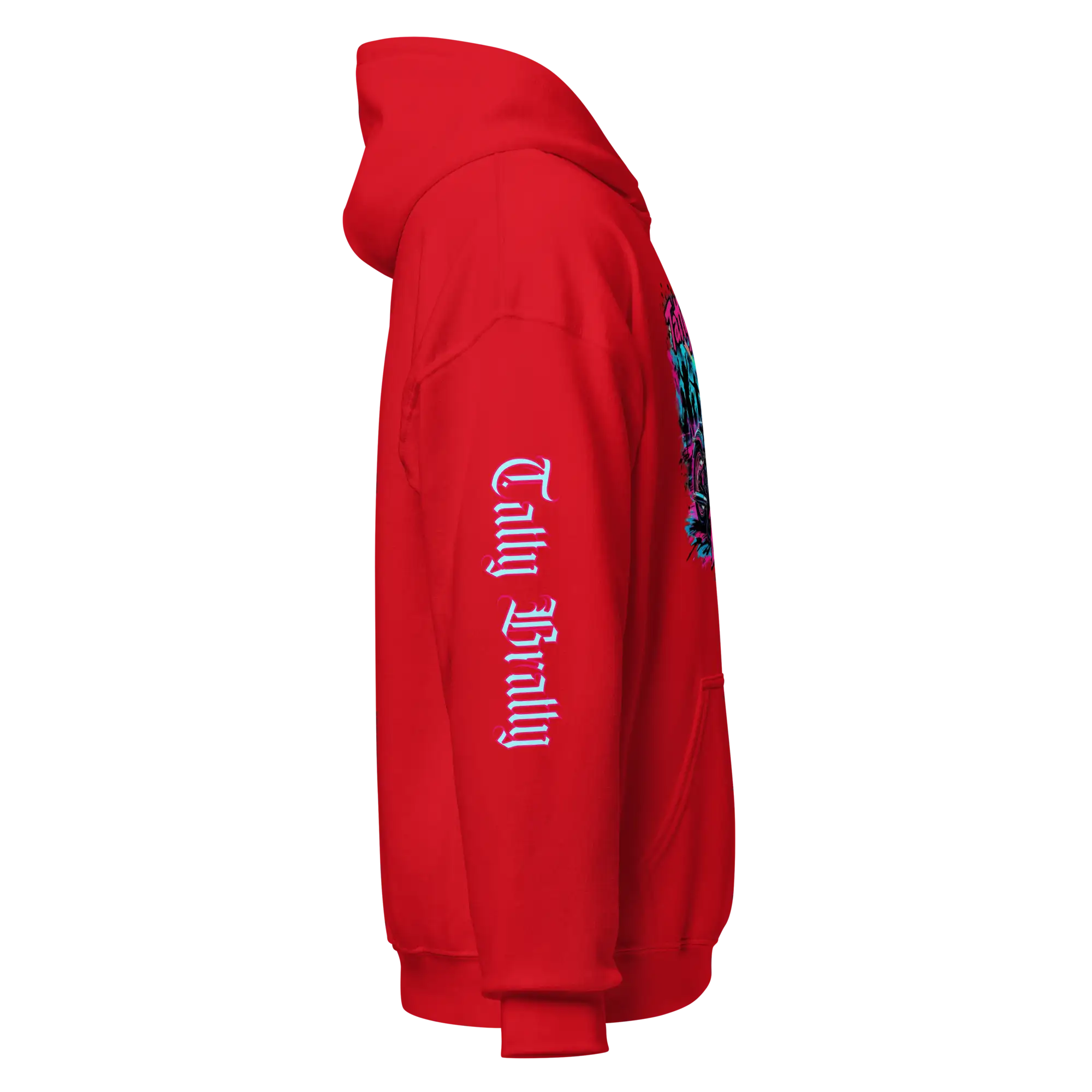 Red hoodie with sleeve text.
