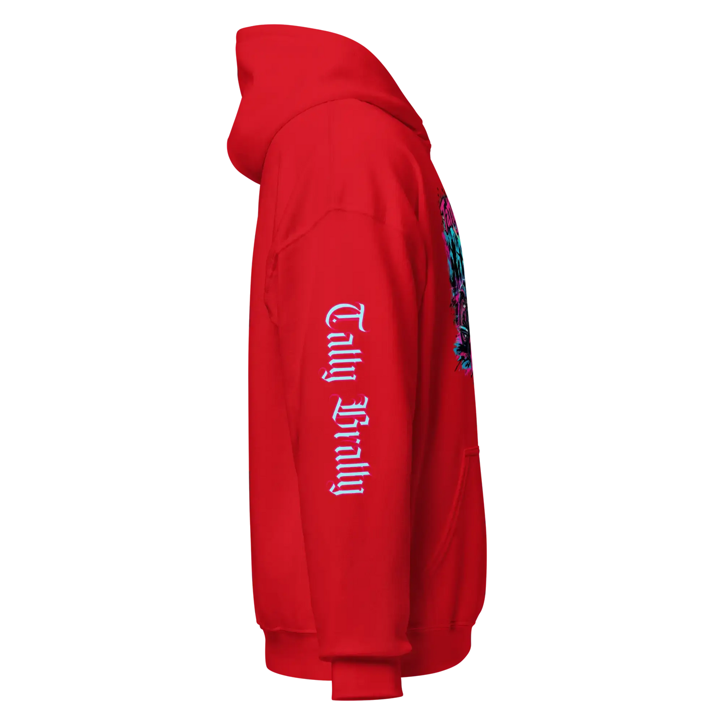 Red hoodie with sleeve text.