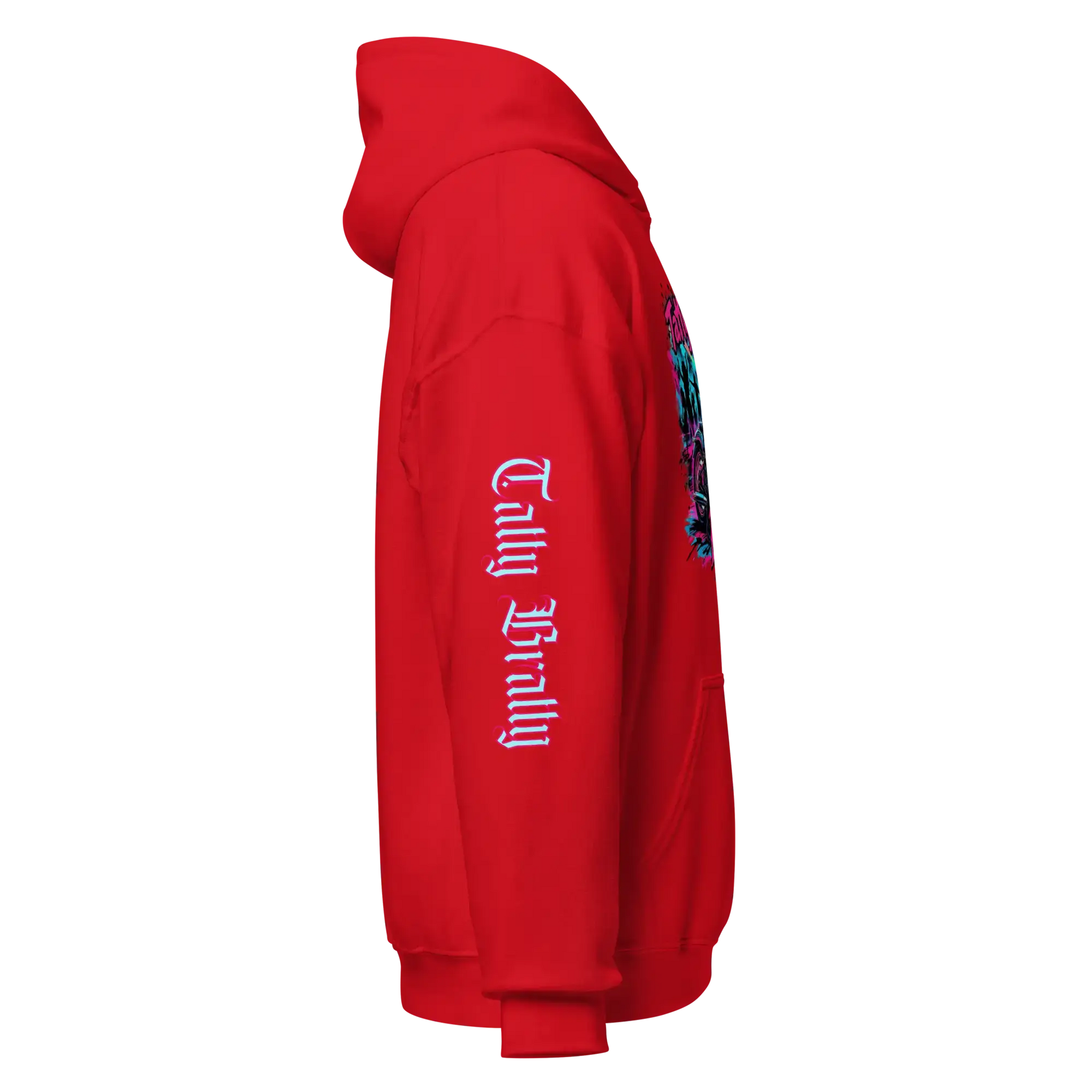 Red hoodie with sleeve text.