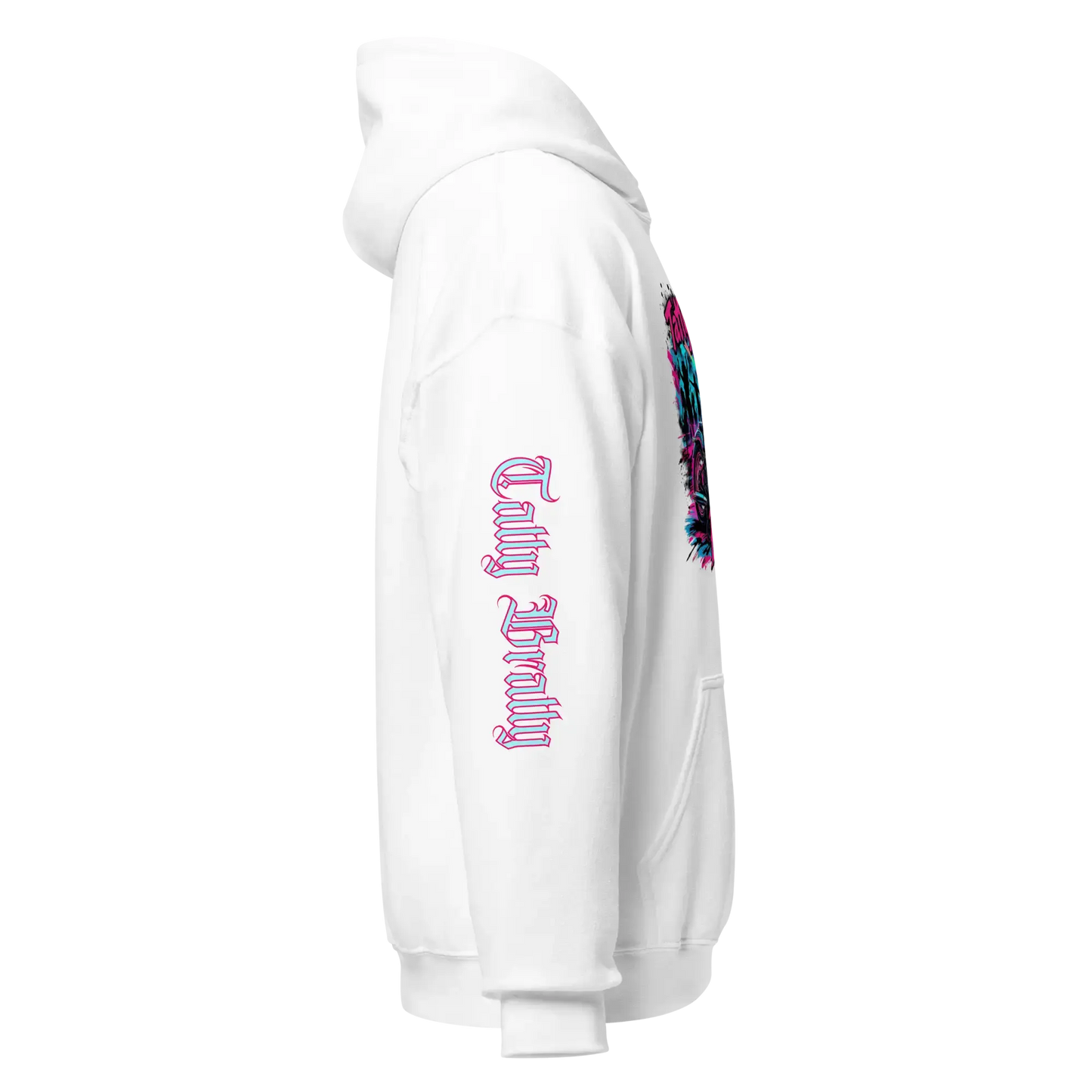 White hoodie with colorful design.