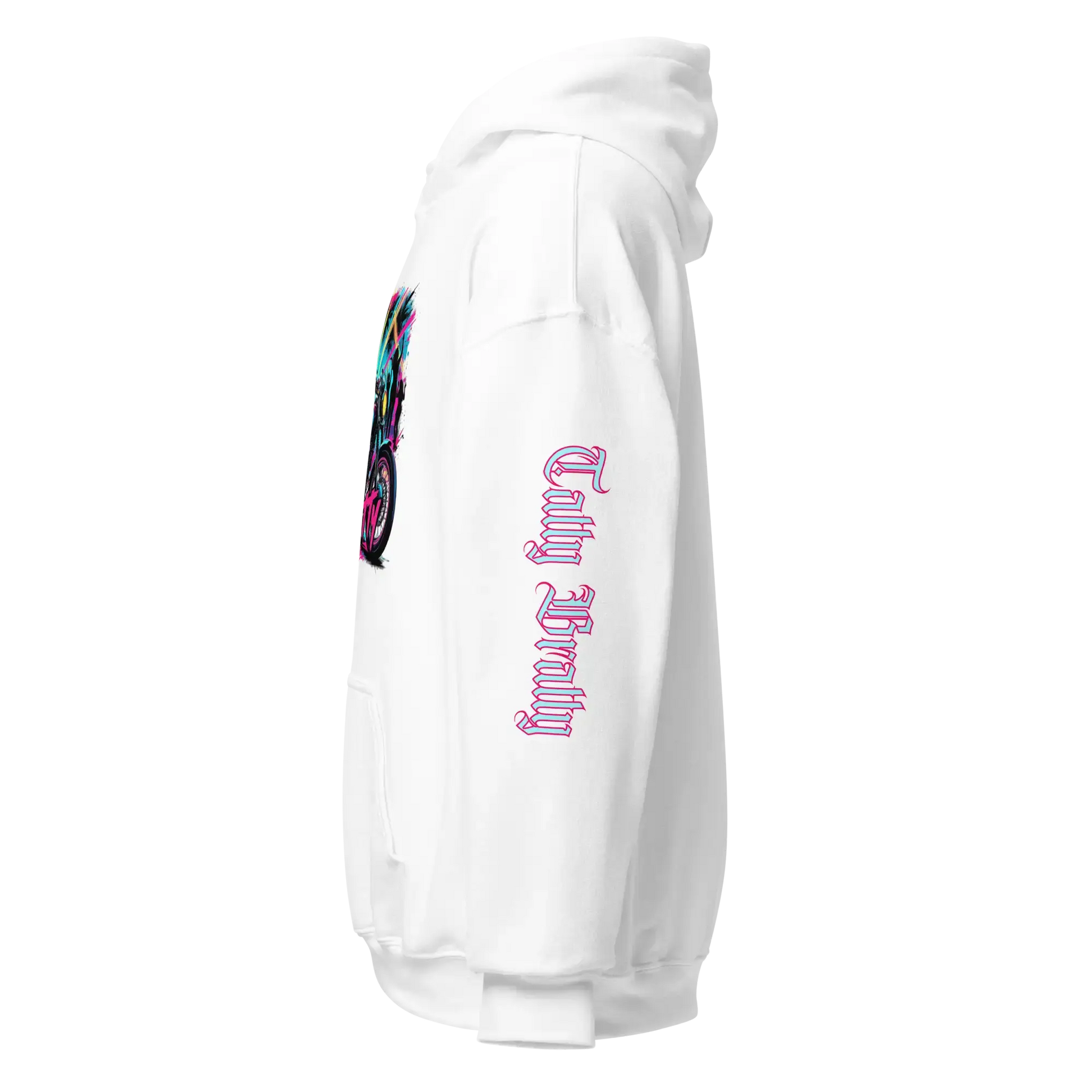 White hoodie with graphic.
