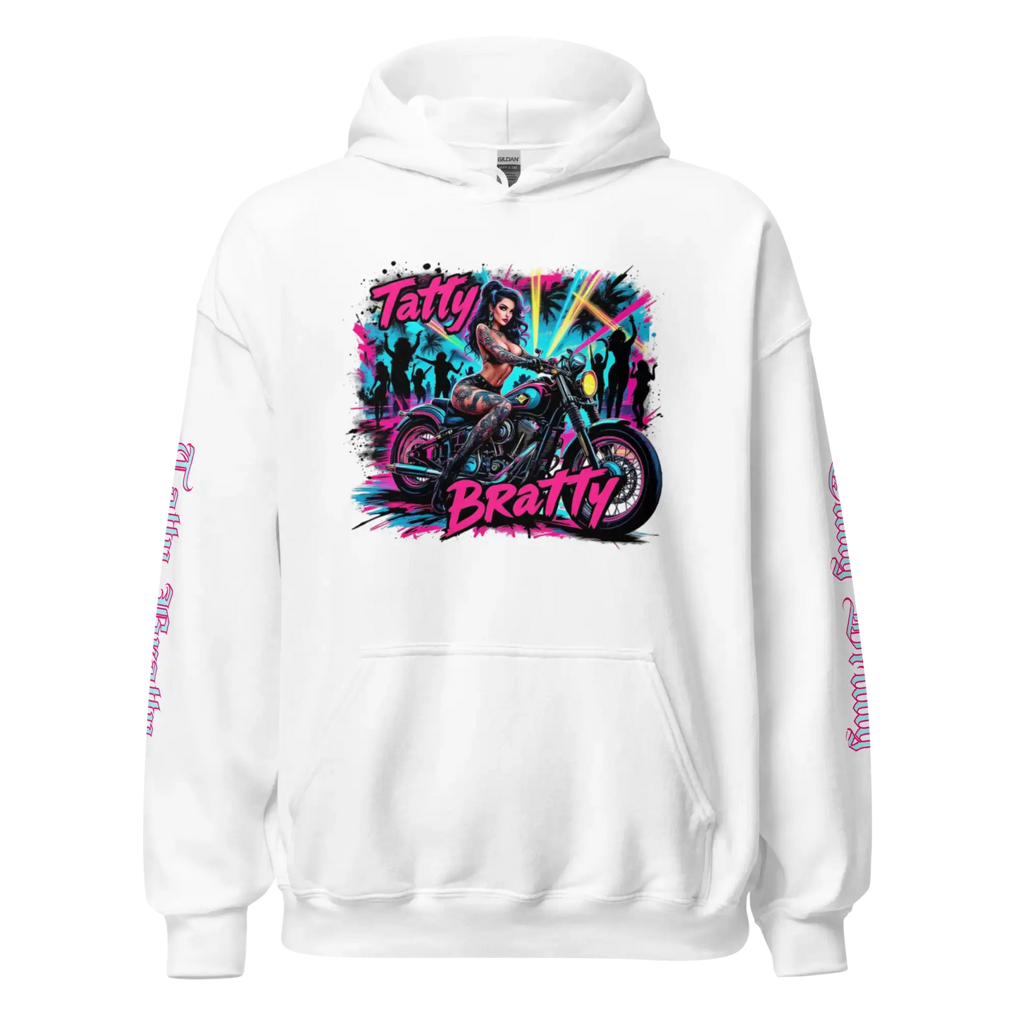 White hoodie with graphic.