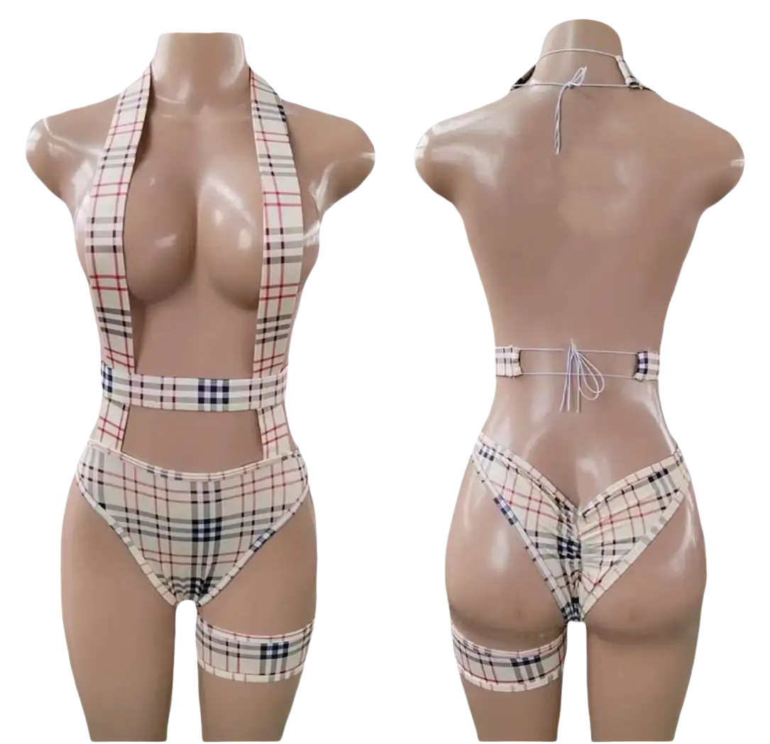 Plaid halter bodysuit with garter.