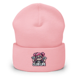 Pink beanie with ’Club Life’ graphic.