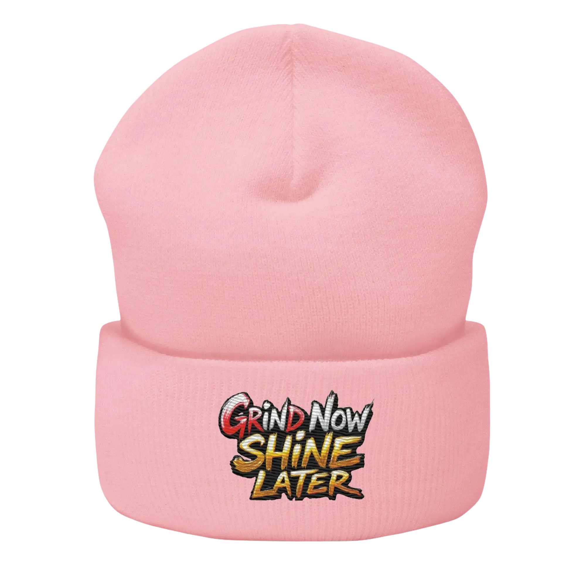 Pink beanie with embroidered text.