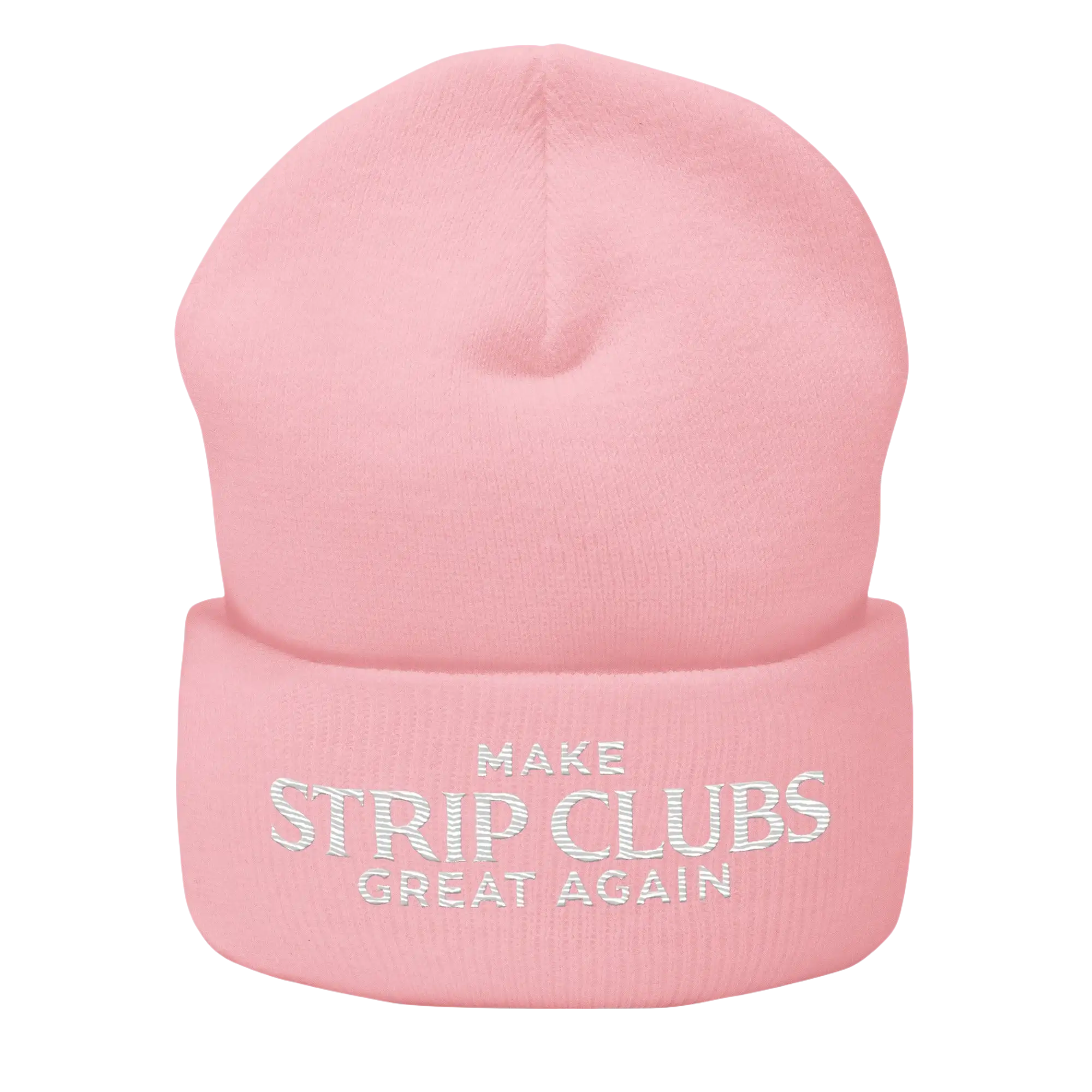Pink beanie with embroidered text.