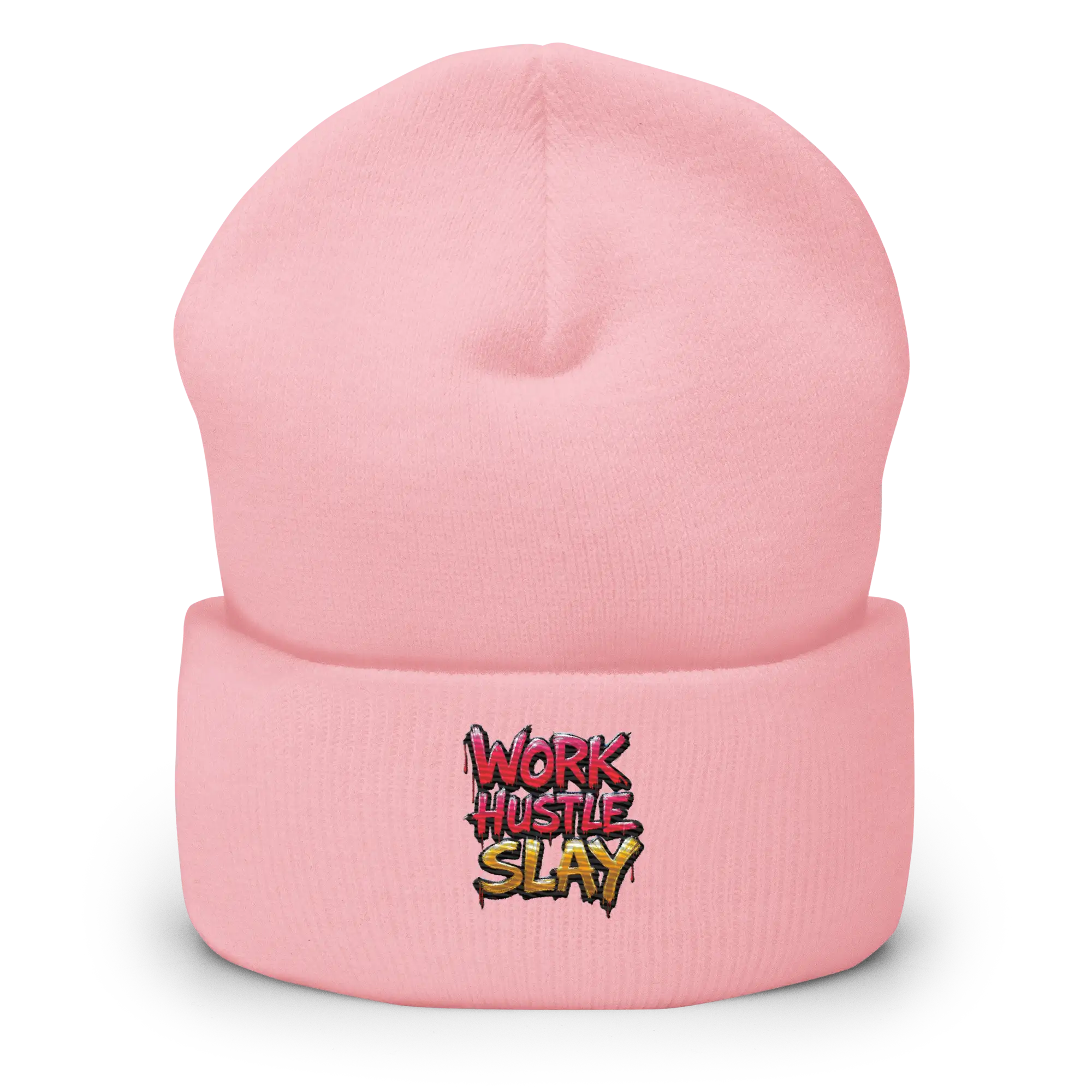Pink beanie with embroidered text.