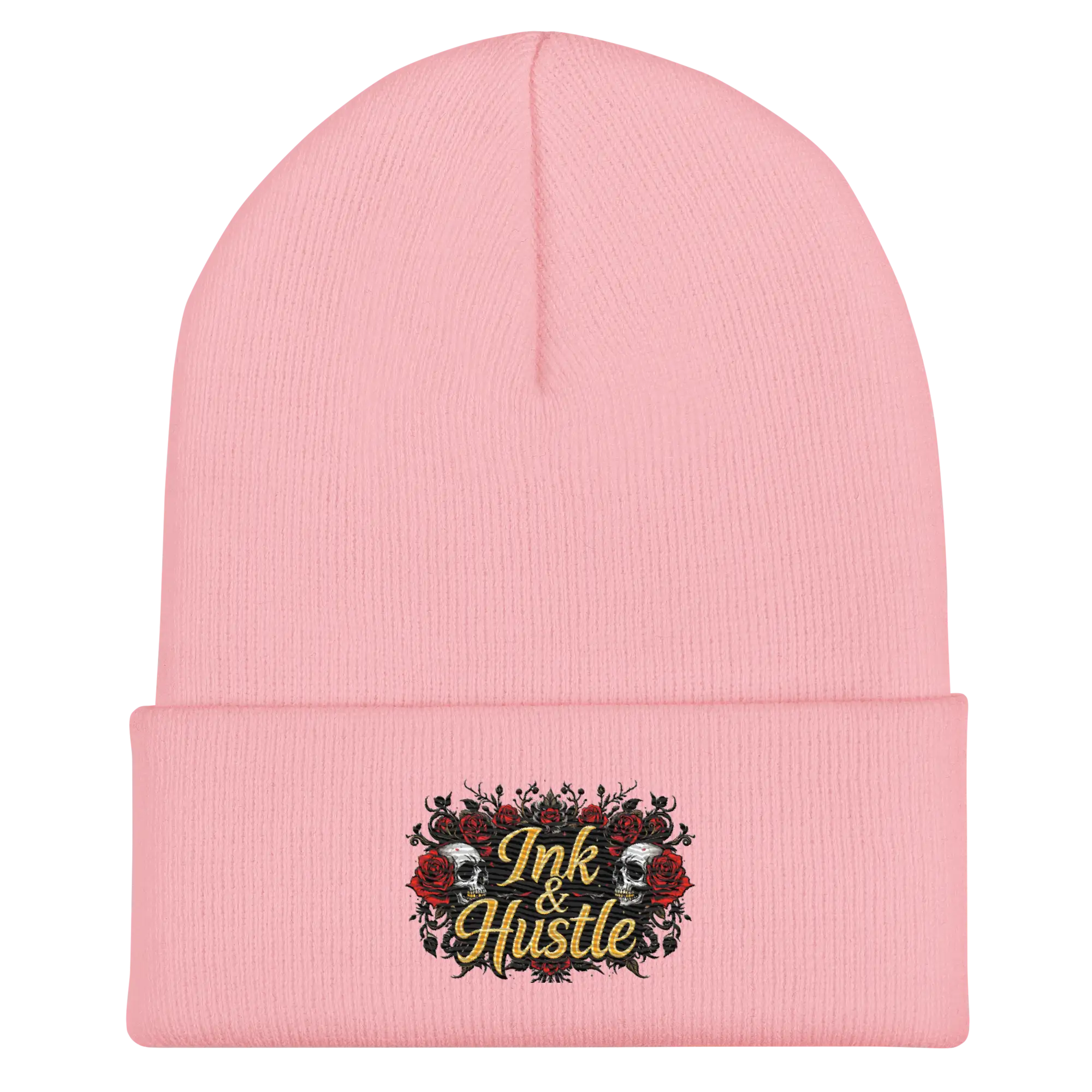 Pink beanie with ’Ink & Hustle’ design.