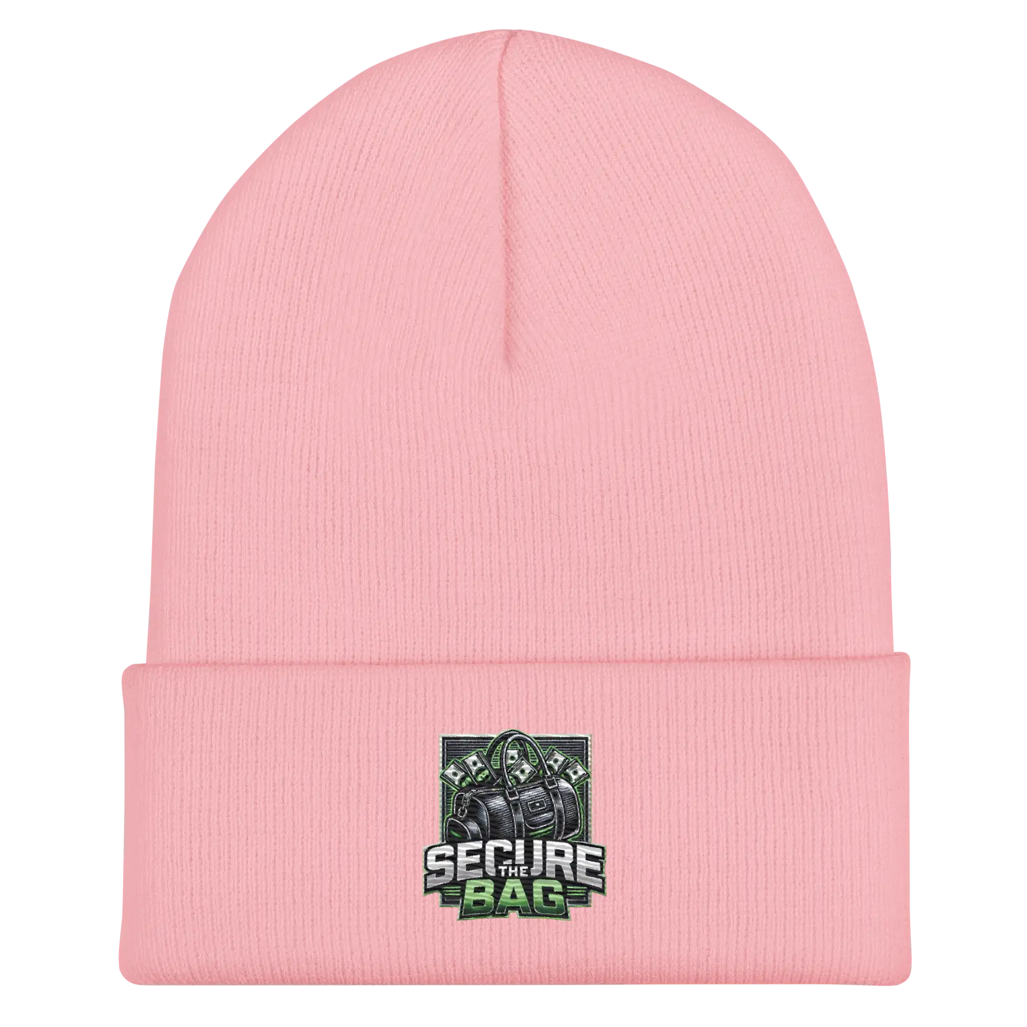 Pink knit beanie.