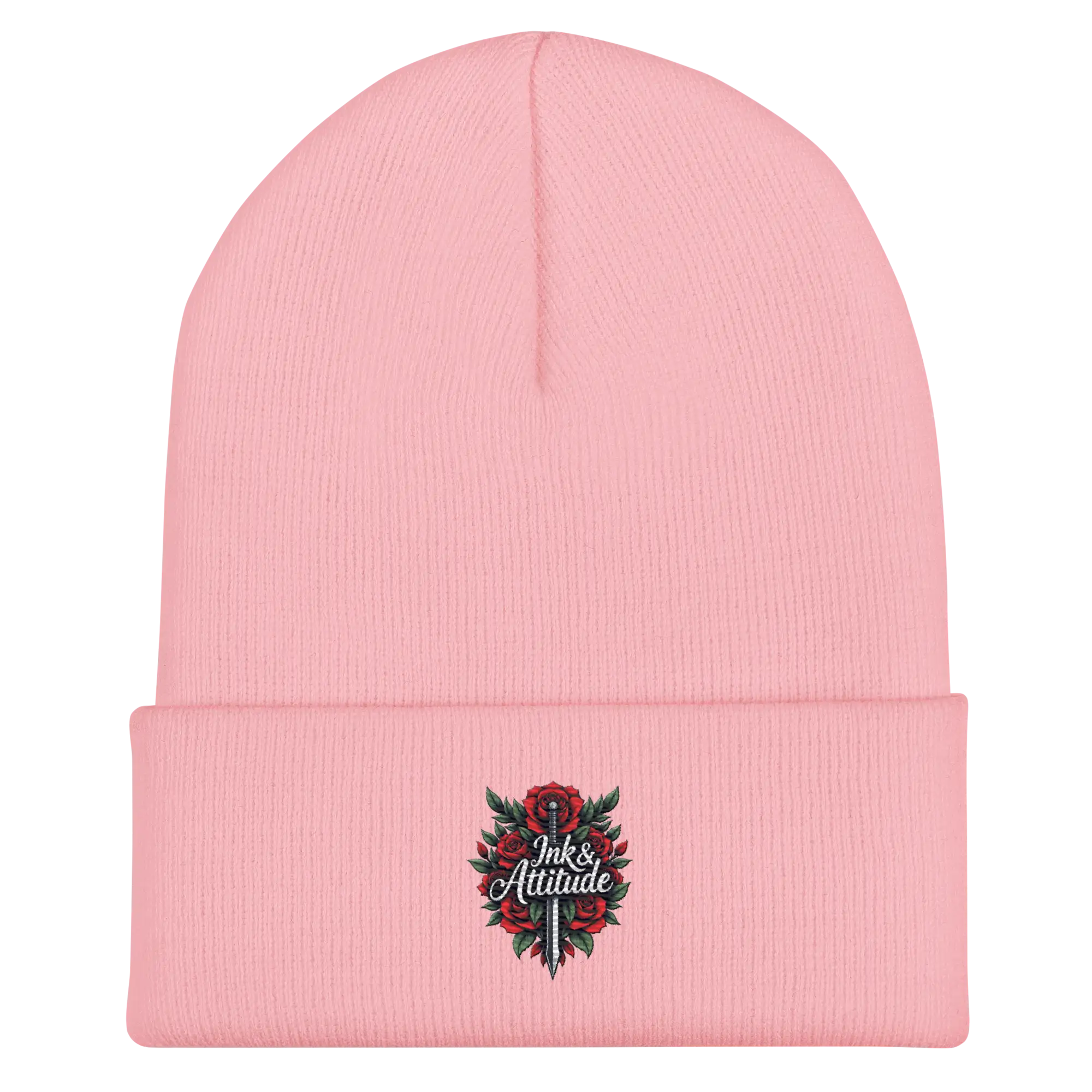 Pink knit beanie.
