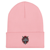 Pink knit beanie.