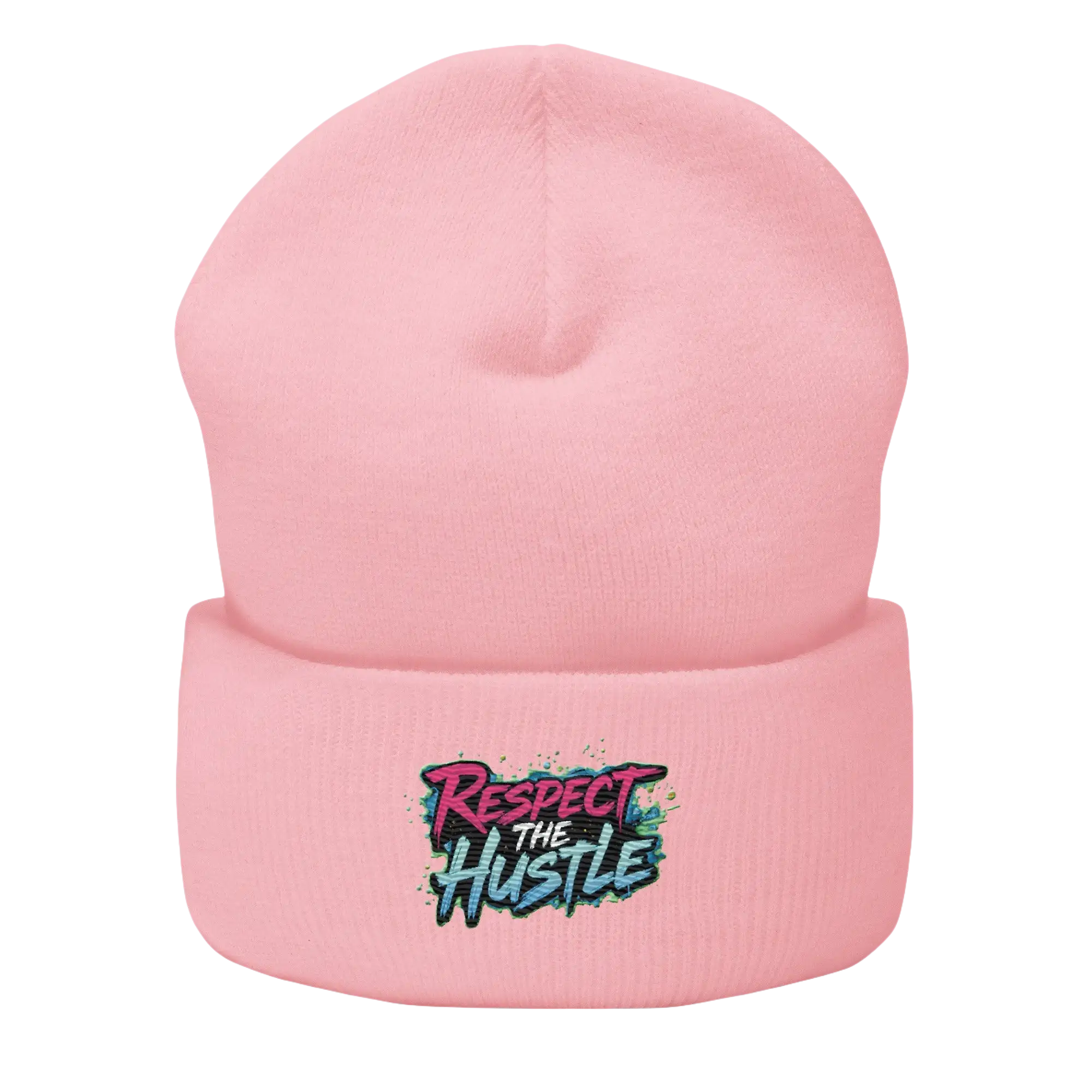 Pink beanie with ’Respect the Hustle’ graphic.