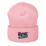Pink beanie with ’Respect the Hustle’ graphic.