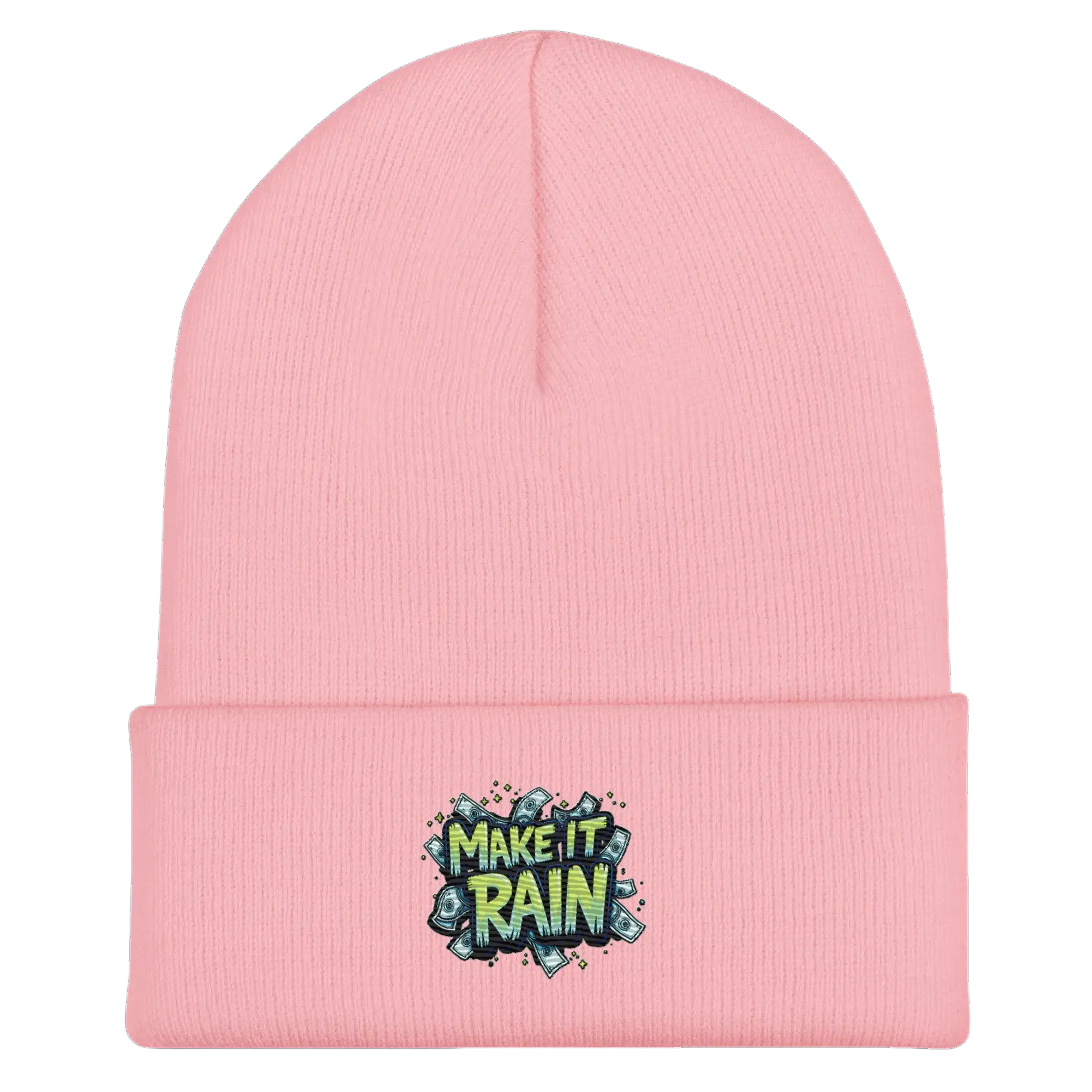 Pink beanie with ’Make It Rain’ graphic.