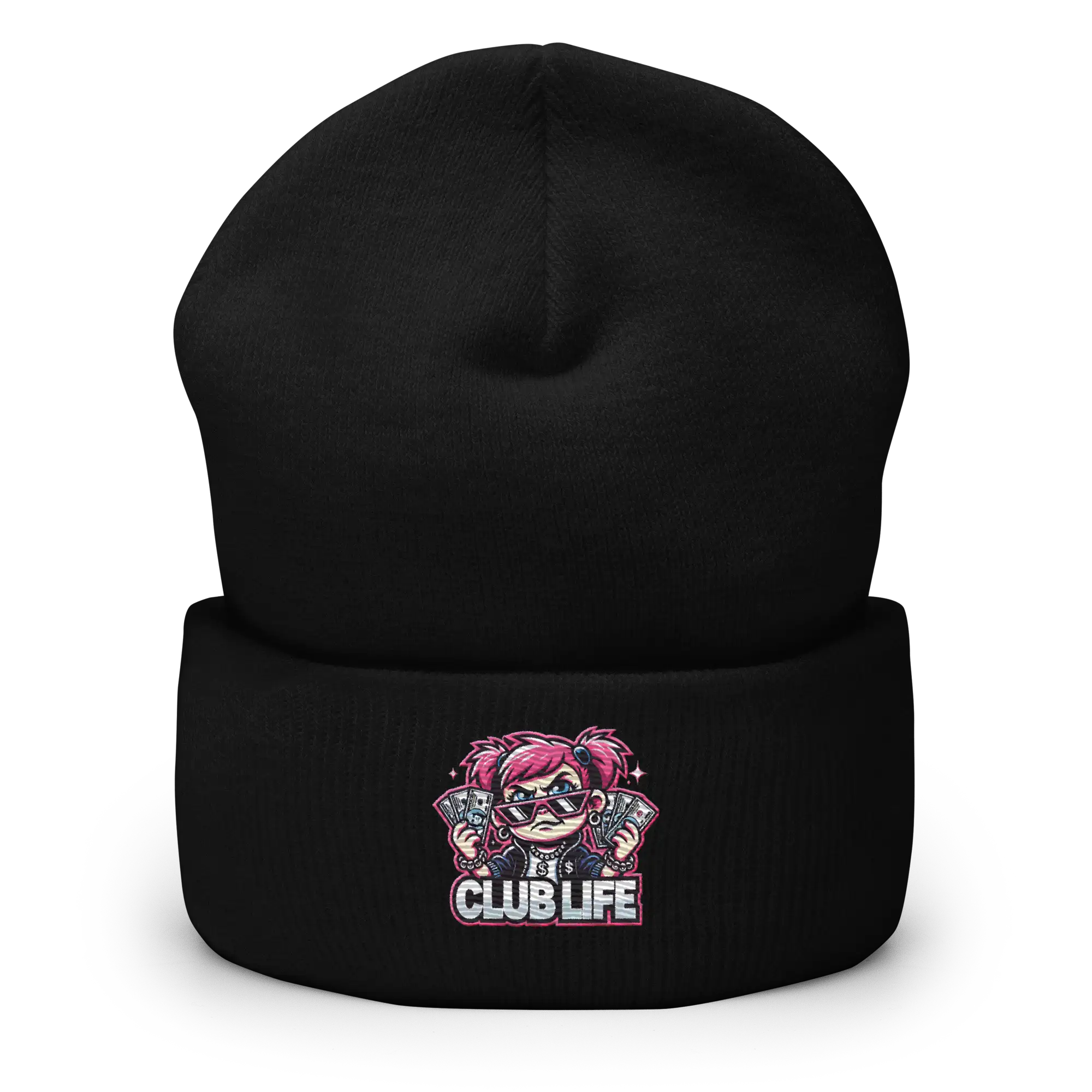 Black beanie with ’Club Life’ logo.