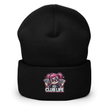 Black beanie with ’Club Life’ logo.