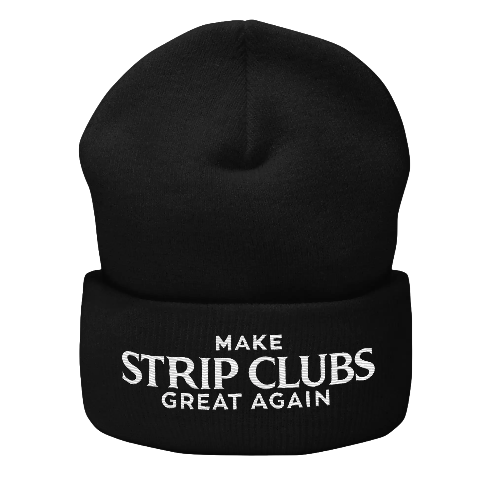 Black beanie with embroidered text.