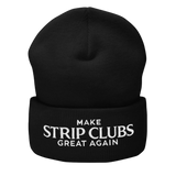 Black beanie with embroidered text.