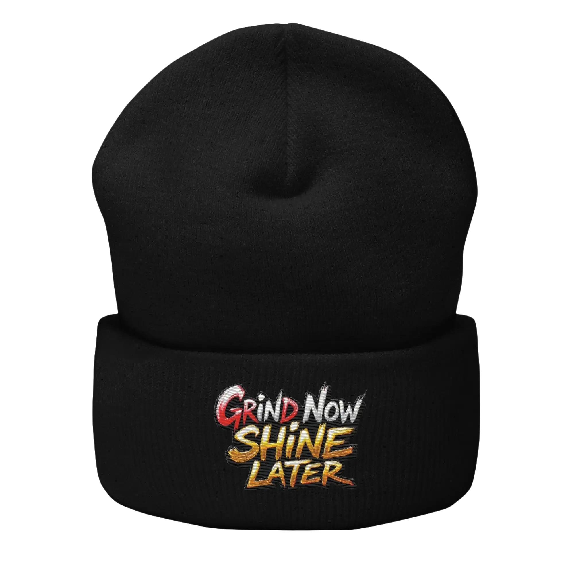 Black beanie with embroidered text.