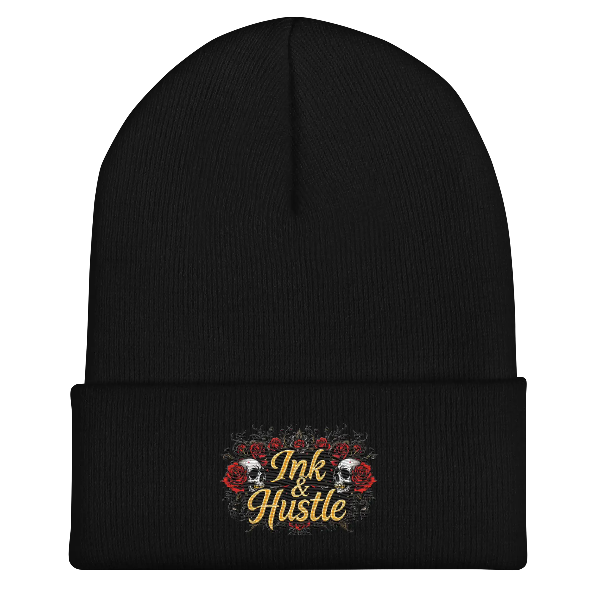 Black beanie with ’Ink & Hustle’ design.