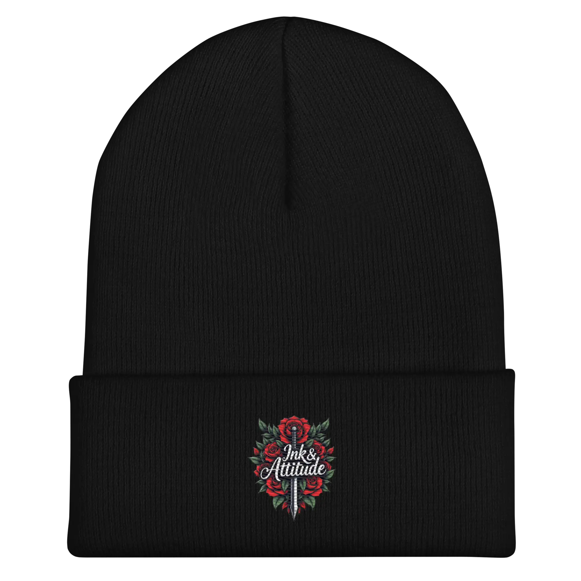 Black knit beanie.