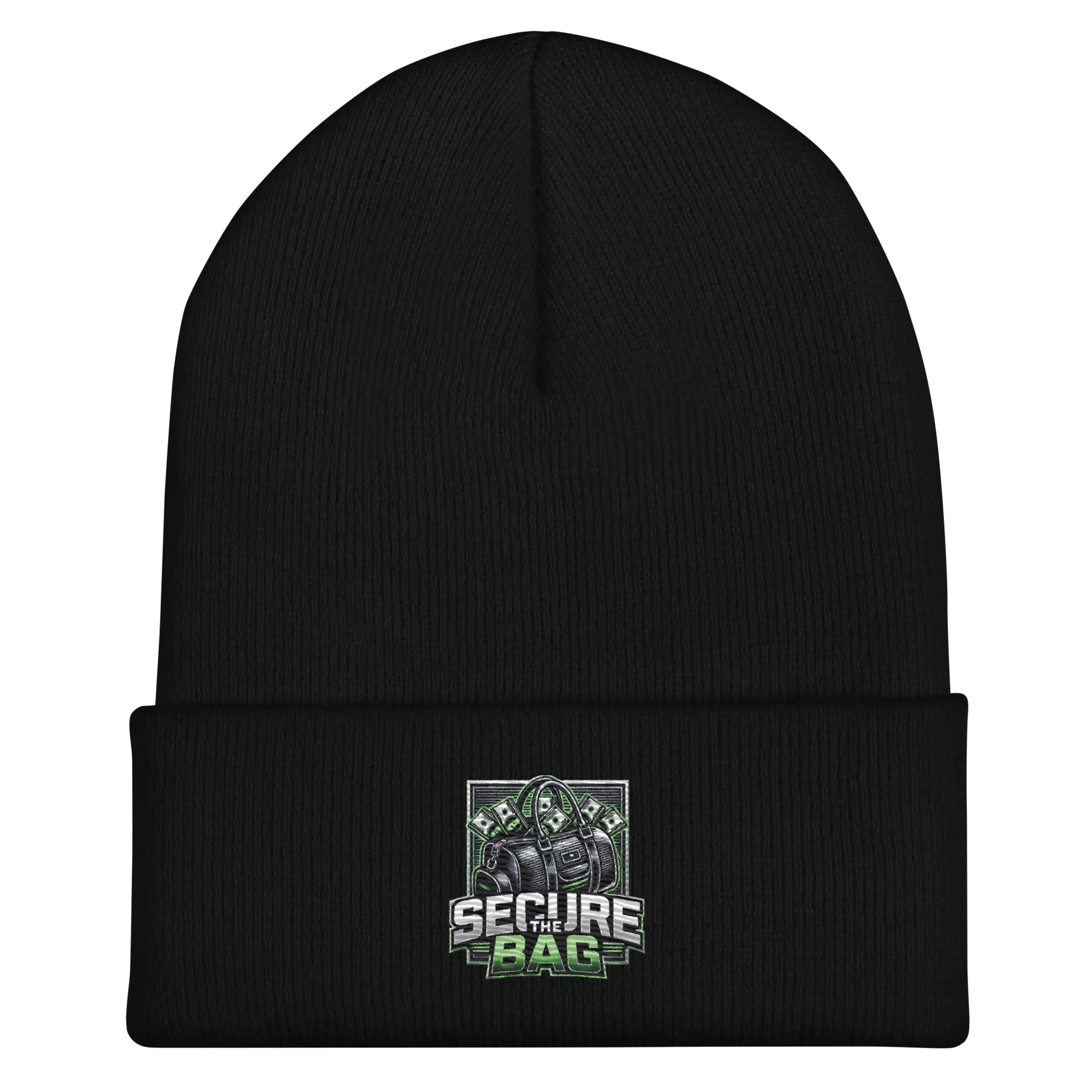 Black knit beanie.