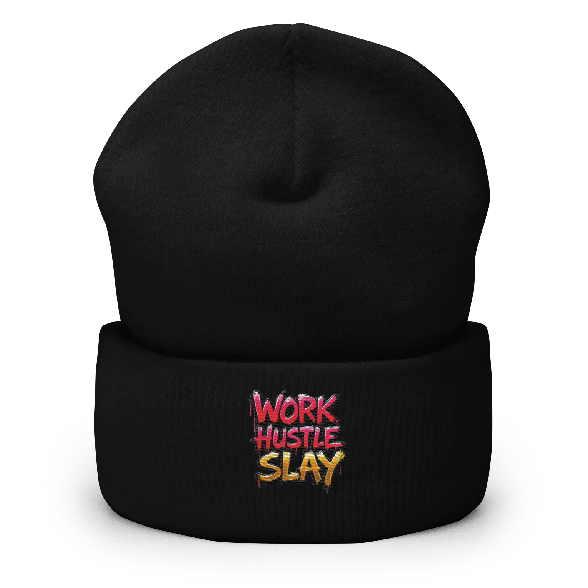 Black beanie with ’Work Hustle Slay’ text.