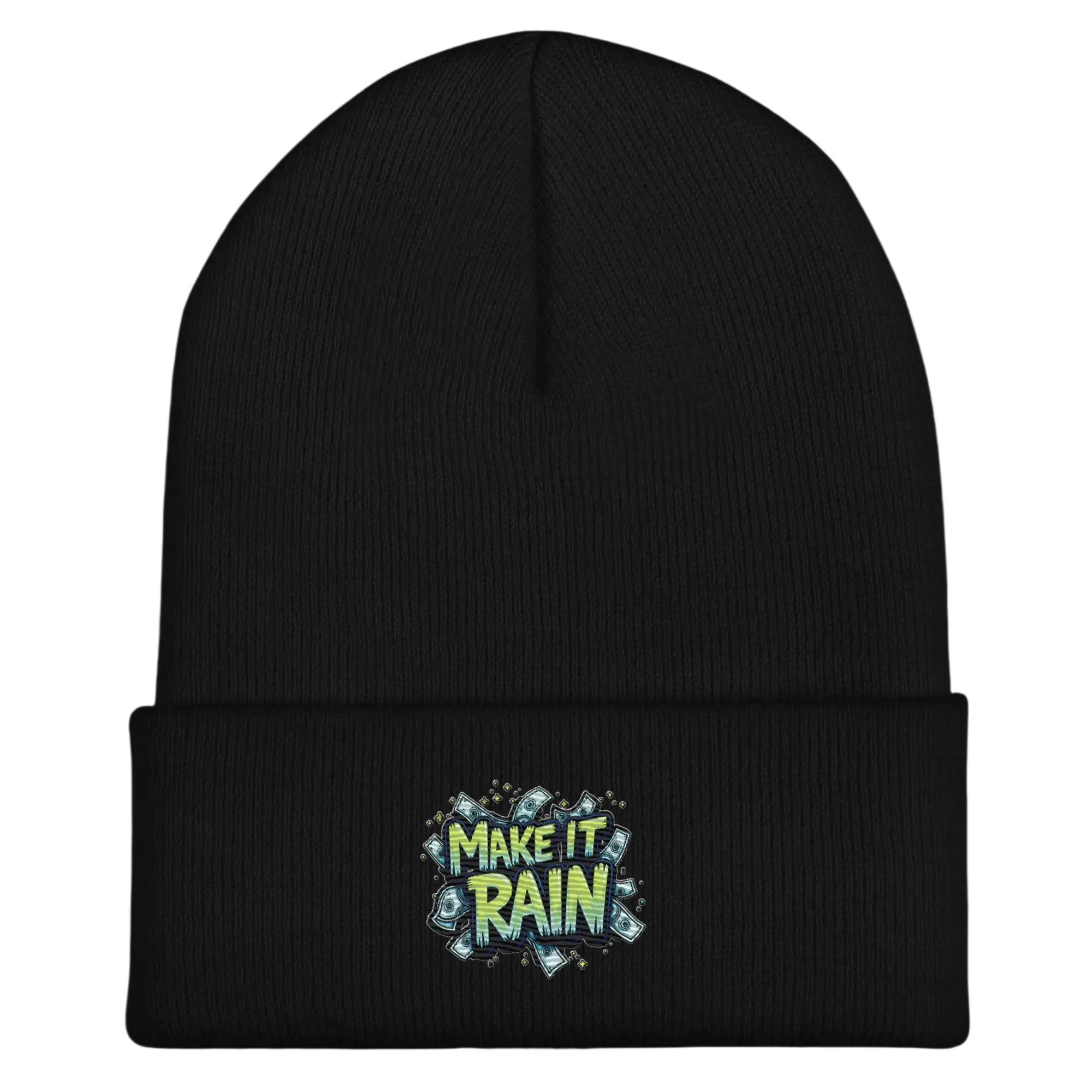 Black beanie with ’Make It Rain’ design.