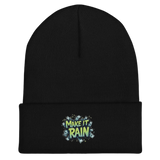 Black beanie with ’Make It Rain’ design.