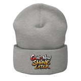 Gray beanie with embroidered text.