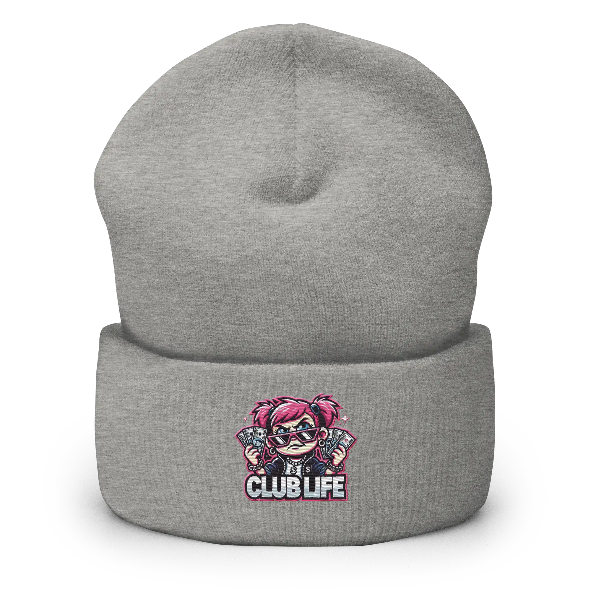 Gray beanie with ’Club Life’ design.